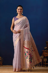 Royal Blossom Paithani Silk Saree in Lavender with Majanta Contrast