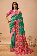 Parrot Green Banarasi Silk Saree with Peacock Motifs & Rani Contrast Pallu
