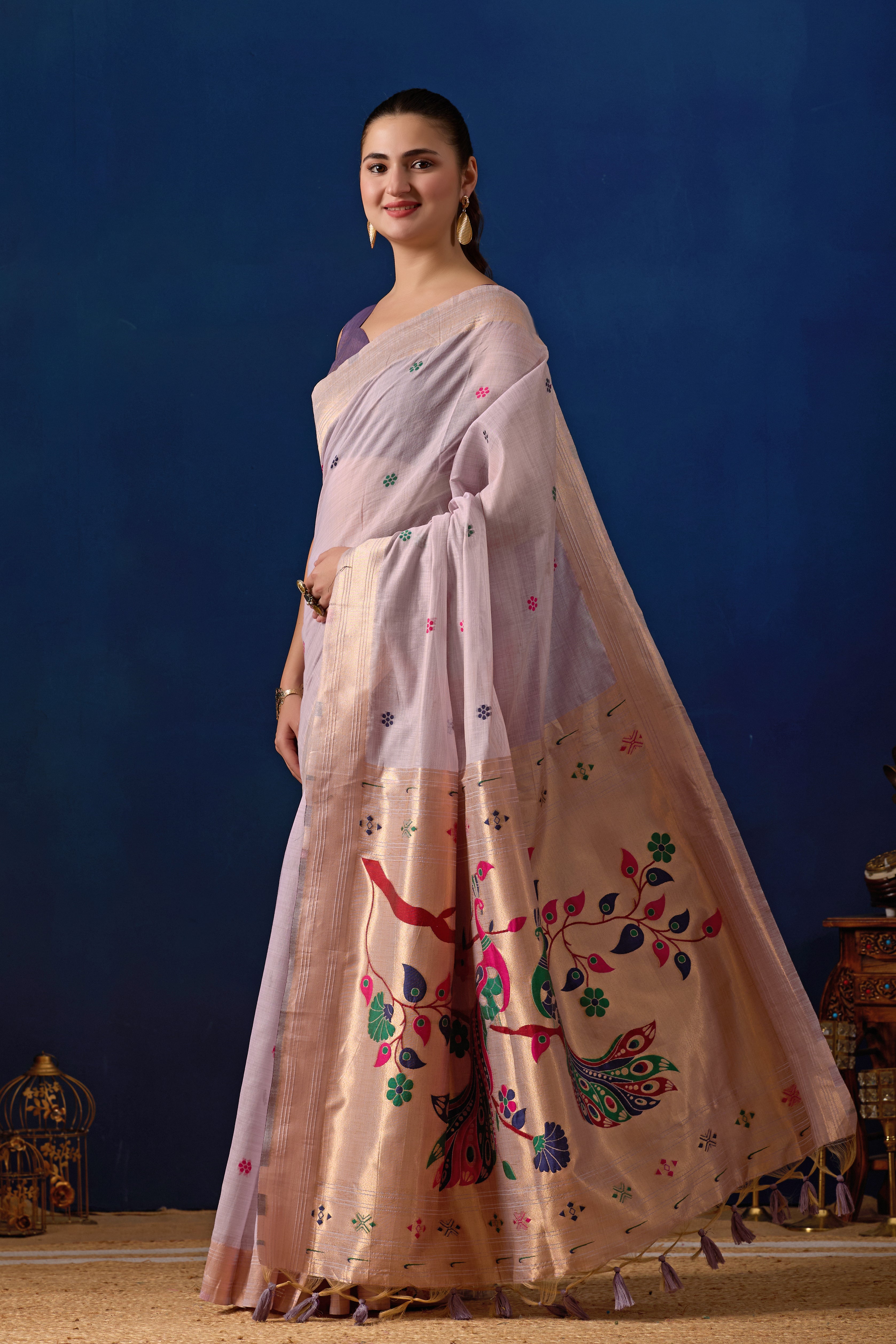 Royal Blossom Paithani Silk Saree in Lavender with Majanta Contrast