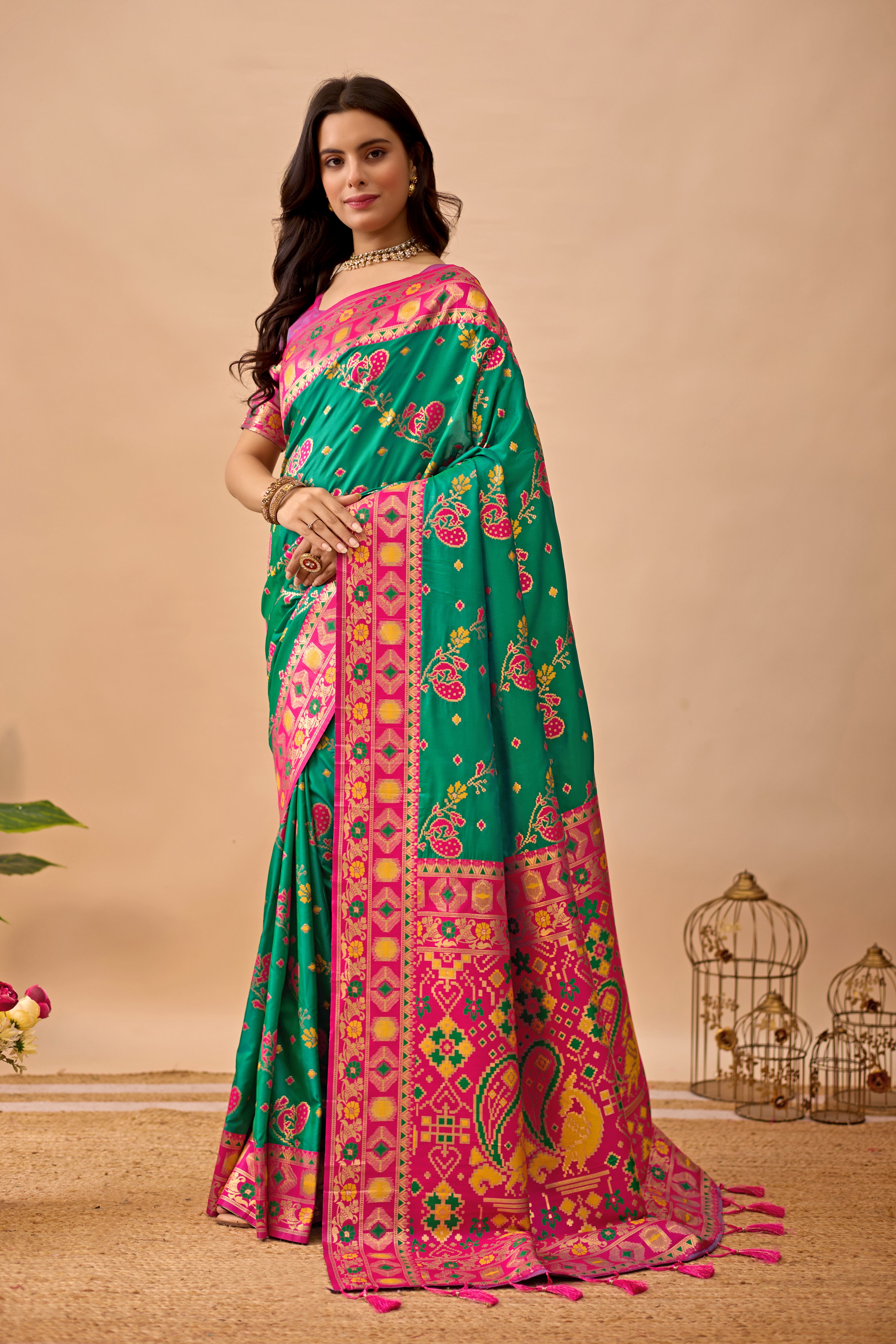 Parrot Green Banarasi Silk Saree with Peacock Motifs & Rani Contrast Pallu