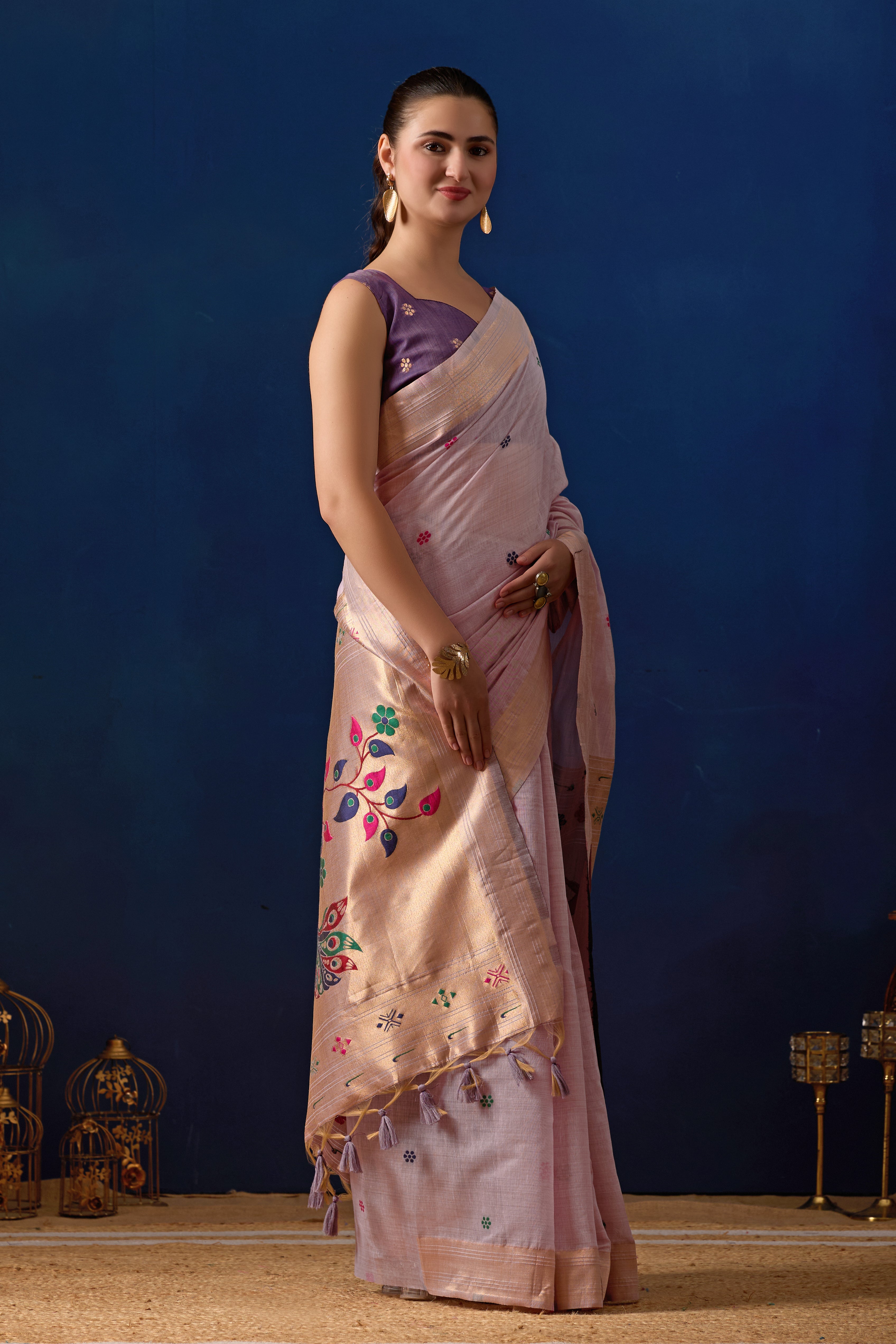 Royal Blossom Paithani Silk Saree in Lavender with Majanta Contrast