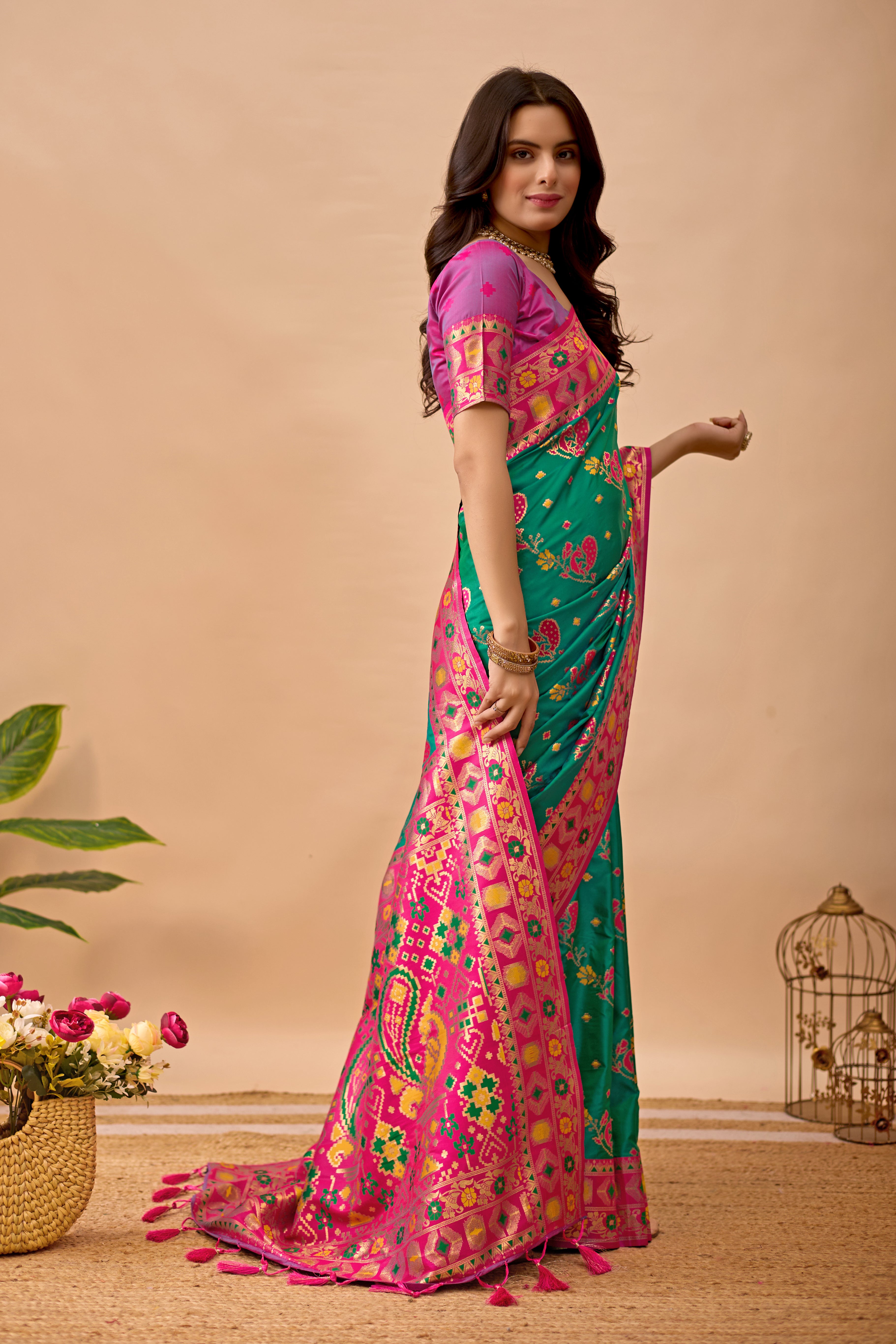 Parrot Green Banarasi Silk Saree with Peacock Motifs & Rani Contrast Pallu