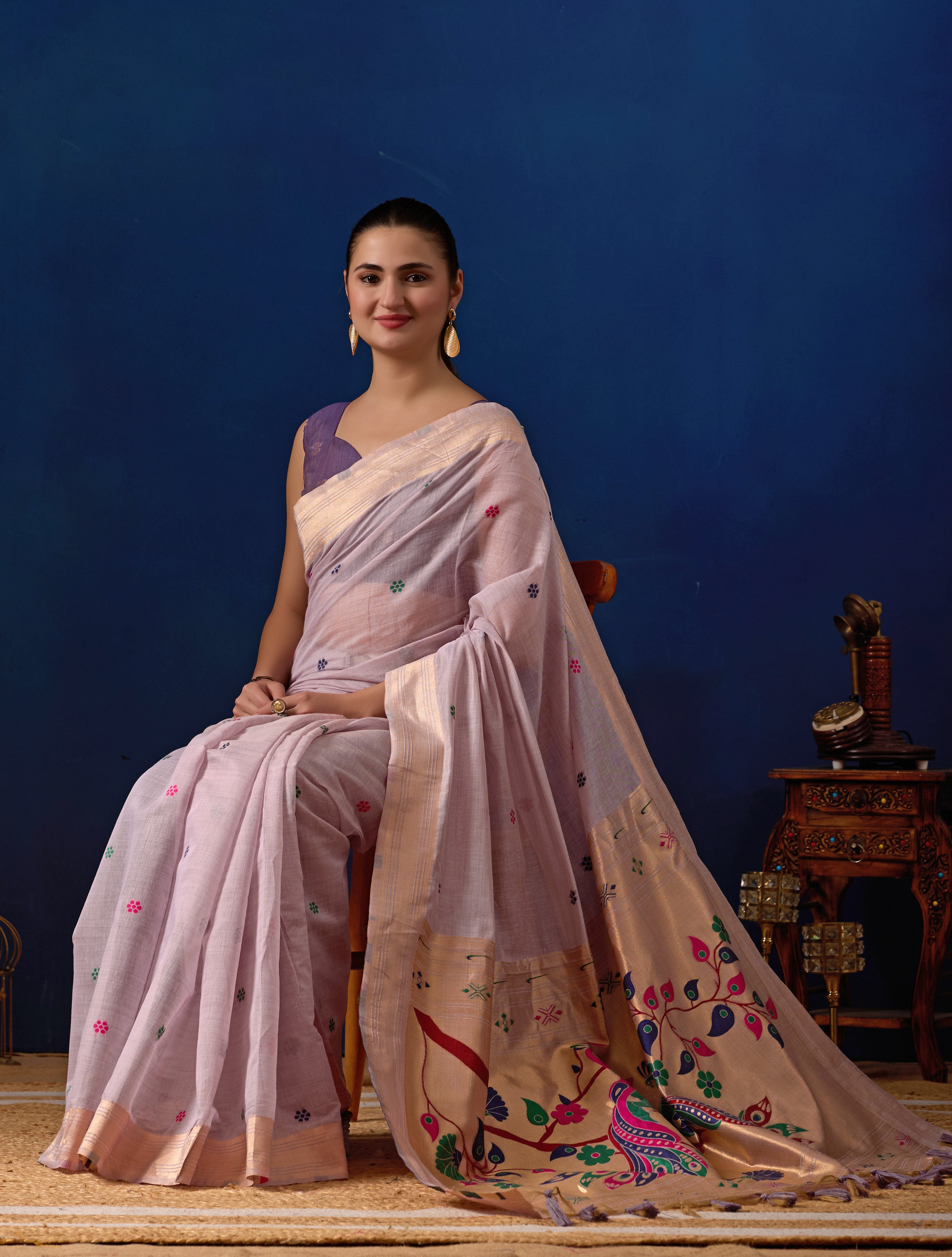 Royal Blossom Paithani Silk Saree in Lavender with Majanta Contrast