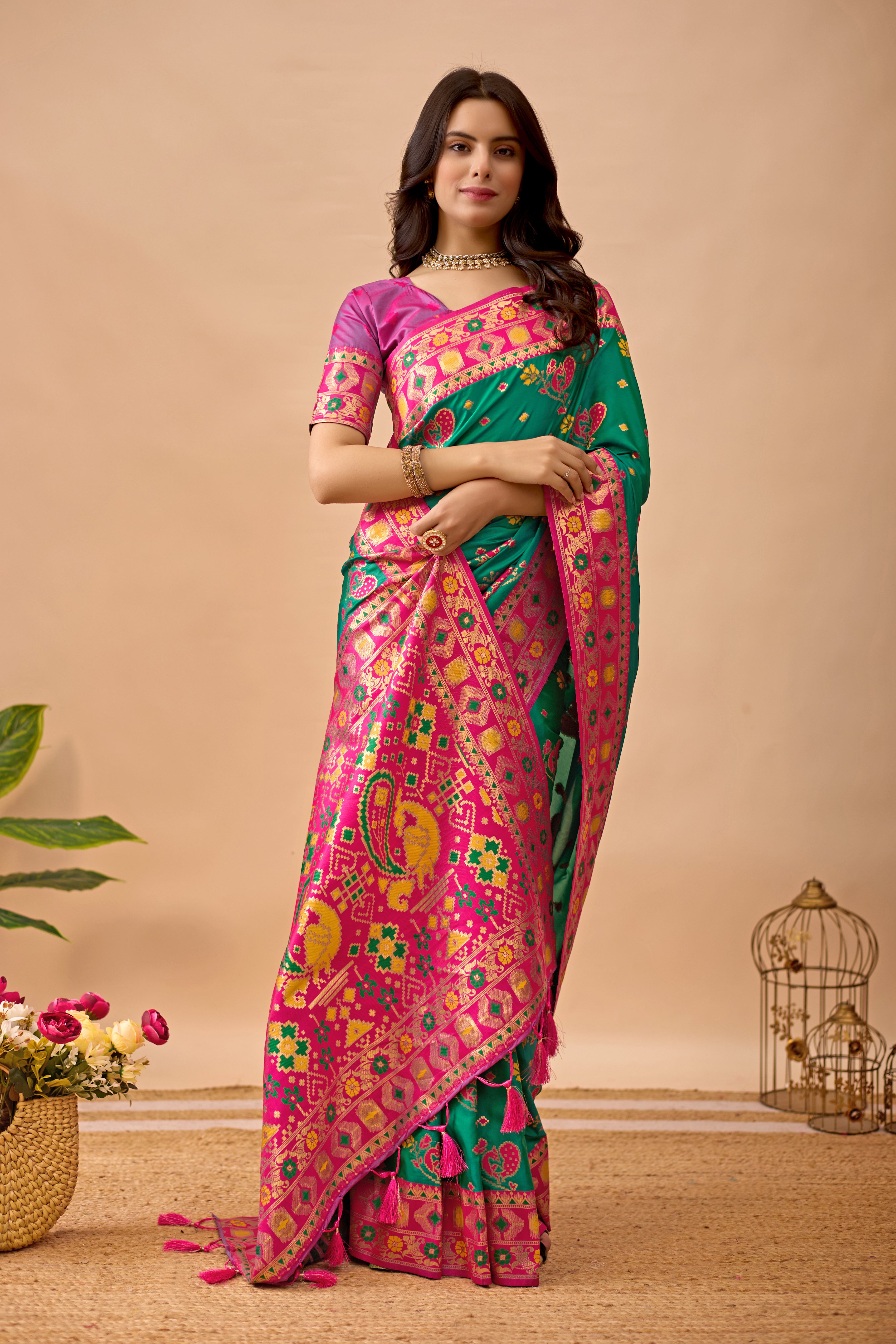 Parrot Green Banarasi Silk Saree with Peacock Motifs & Rani Contrast Pallu