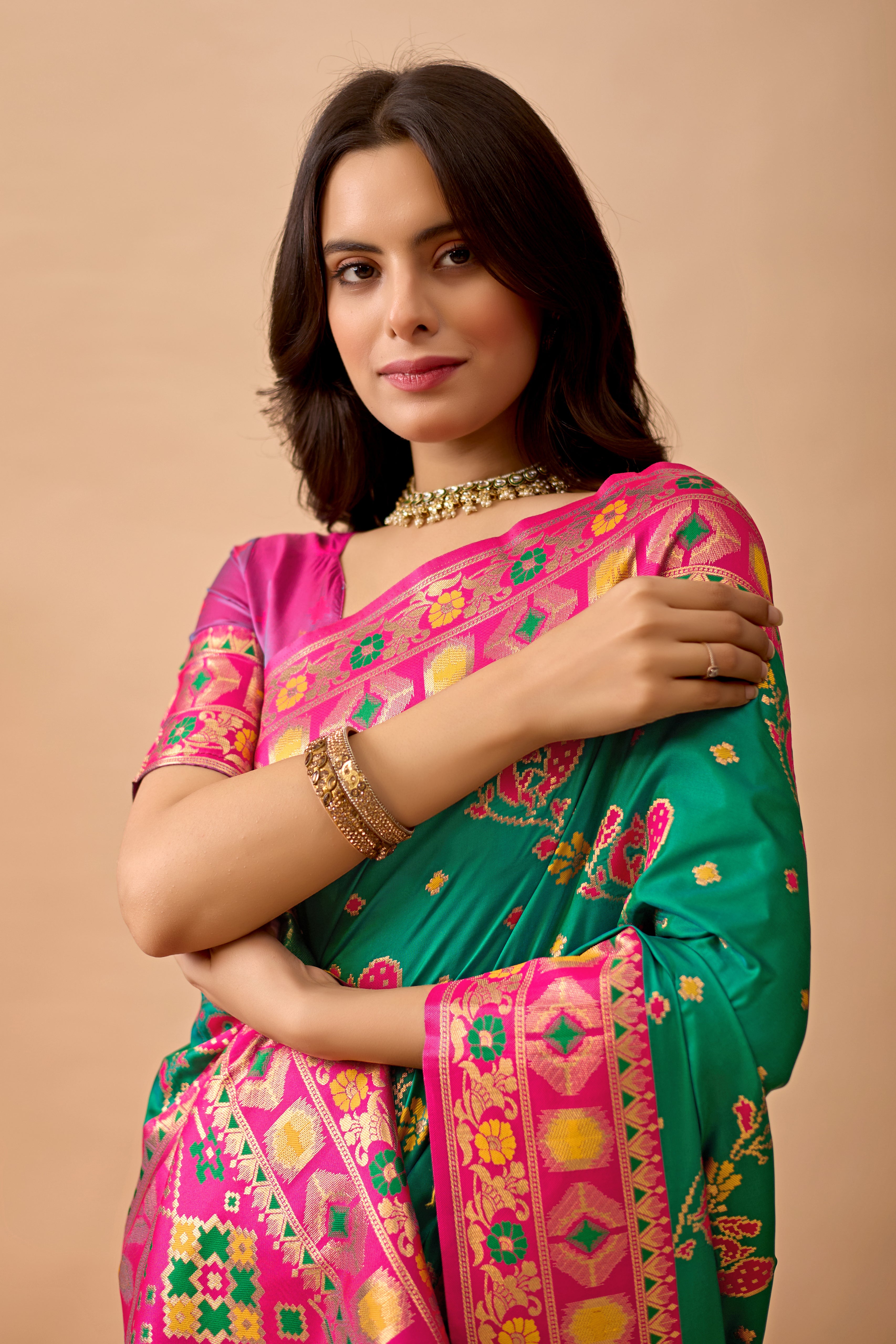 Parrot Green Banarasi Silk Saree with Peacock Motifs & Rani Contrast Pallu