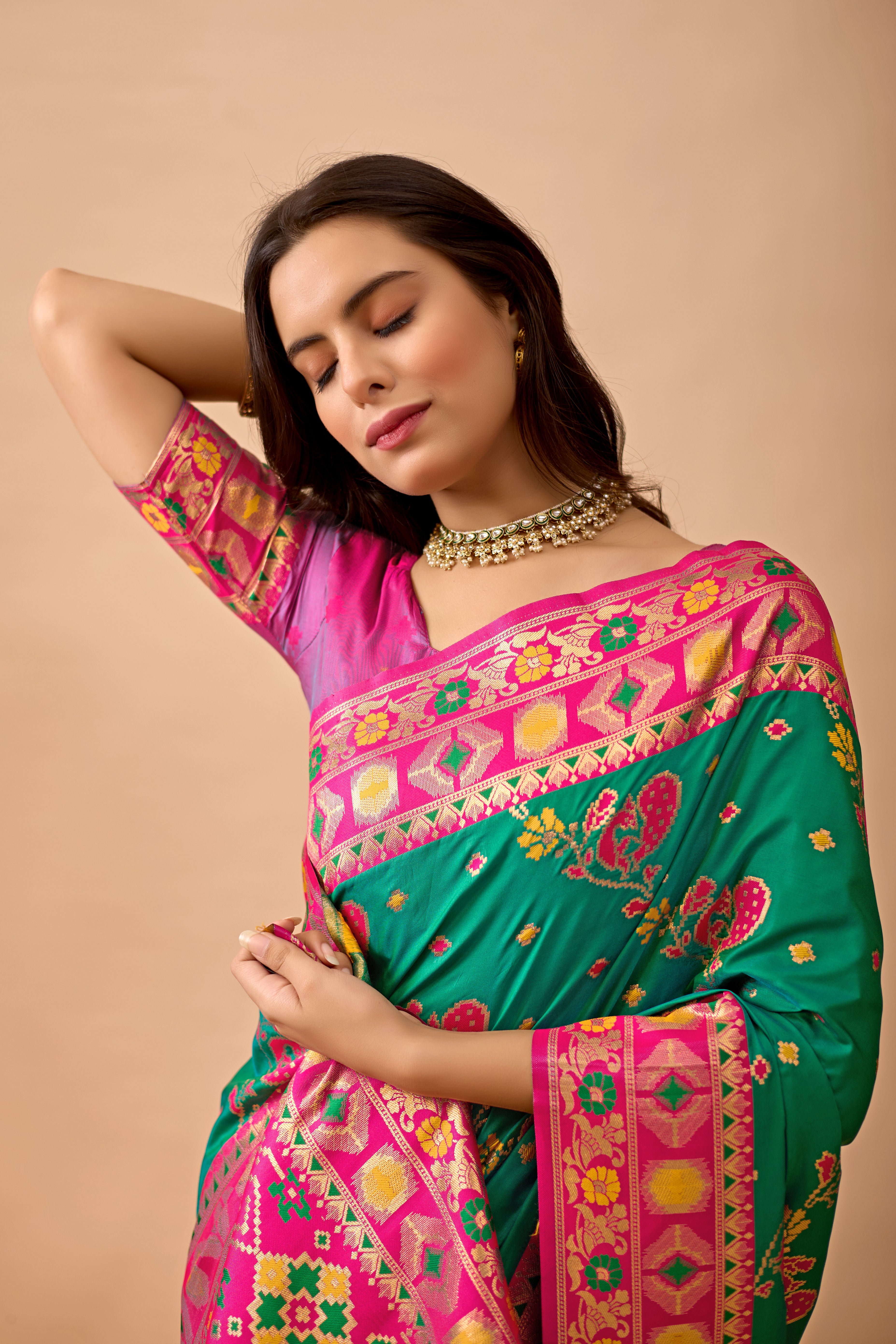 Parrot Green Banarasi Silk Saree with Peacock Motifs & Rani Contrast Pallu