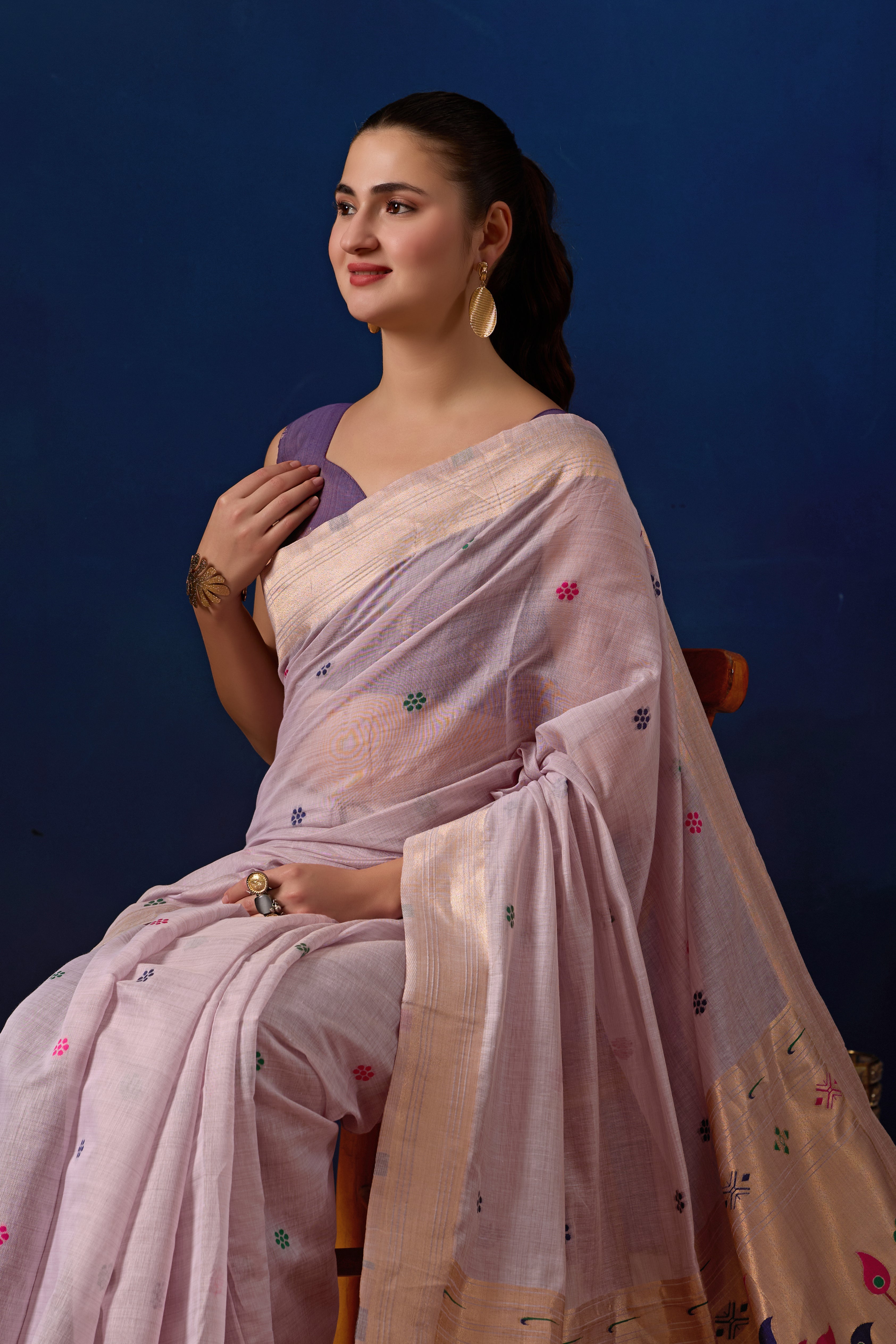 Royal Blossom Paithani Silk Saree in Lavender with Majanta Contrast
