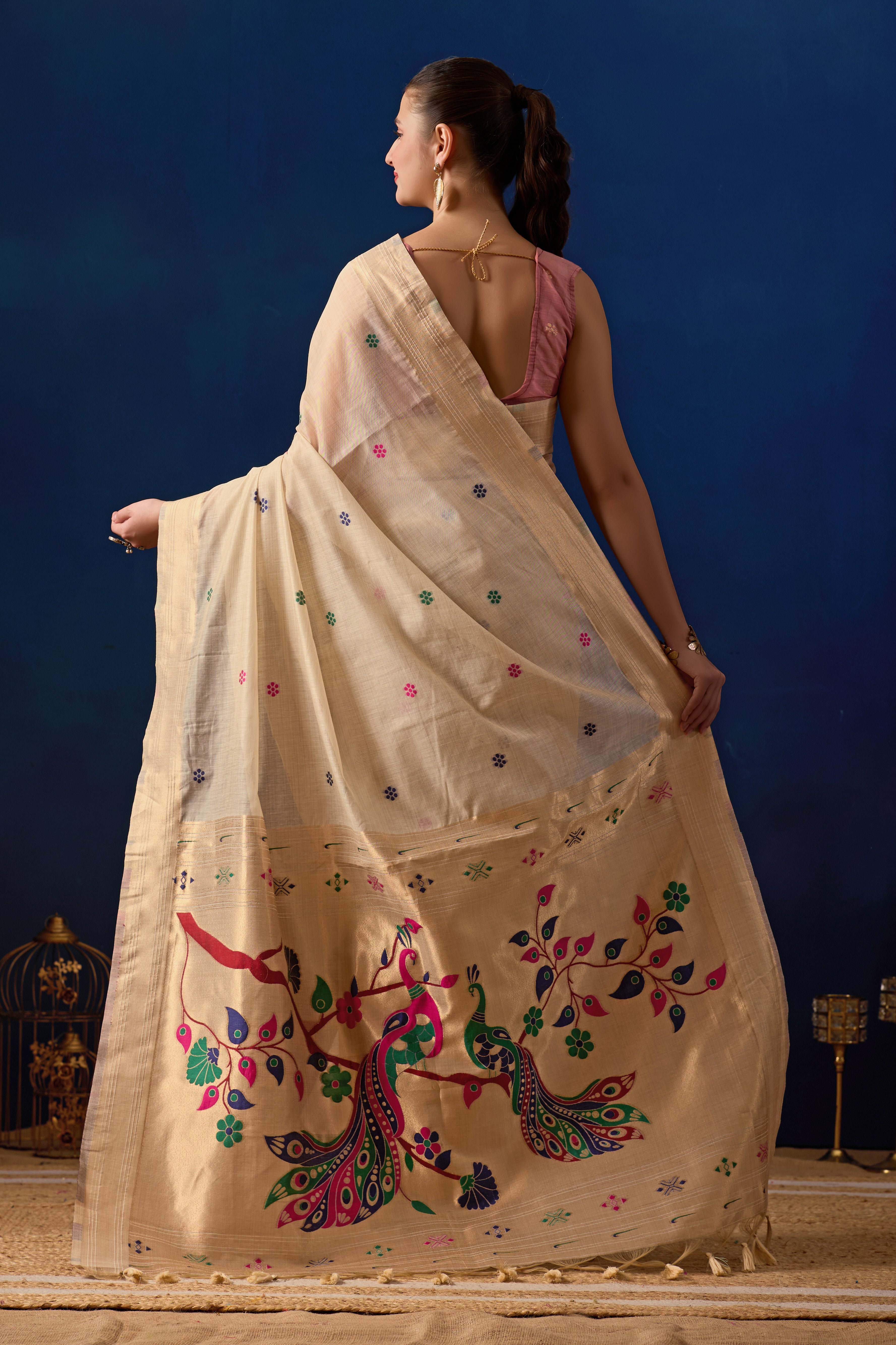 Royal Blossom Paithani Silk Saree in Cream with Light Pink Contrast