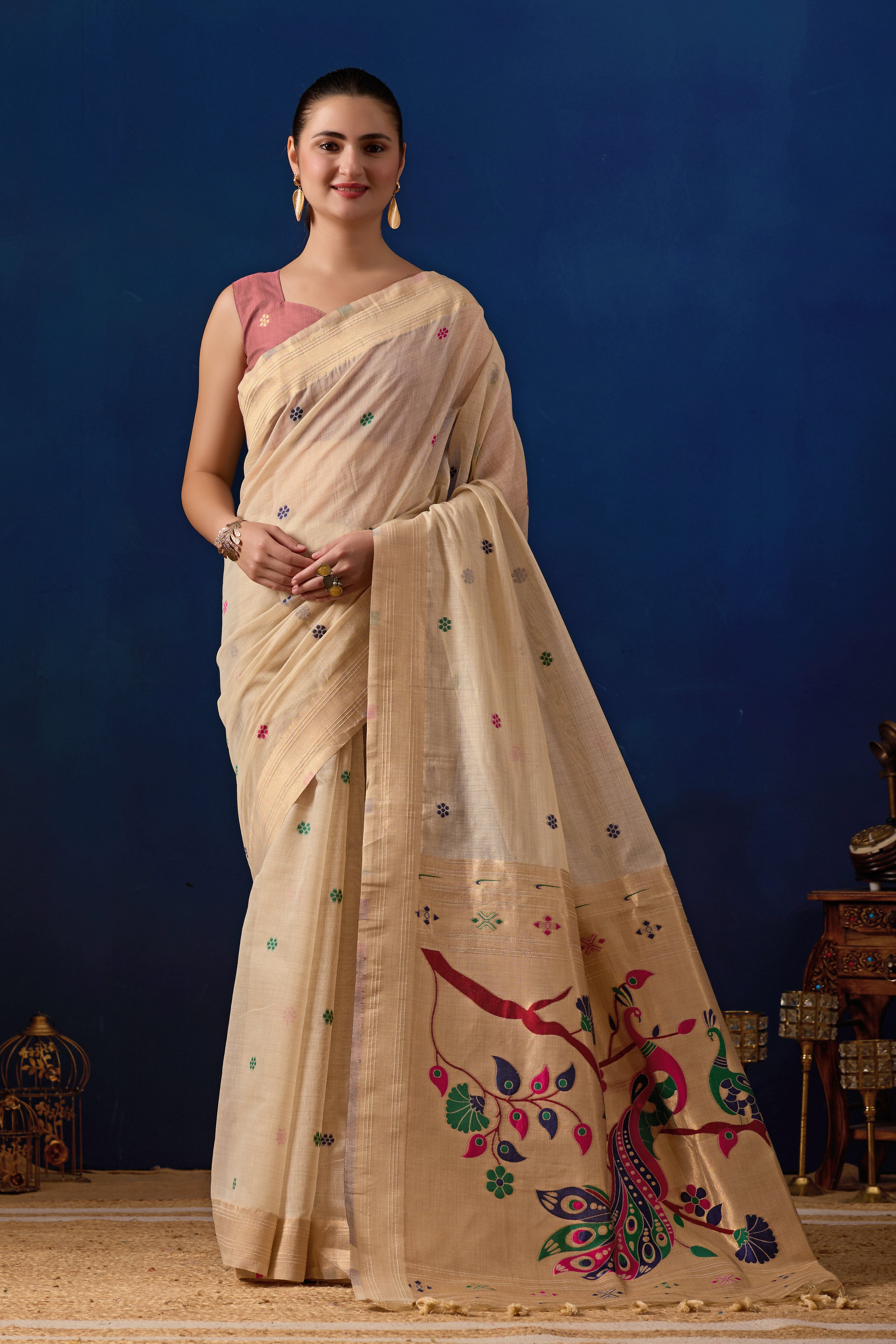 Royal Blossom Paithani Silk Saree in Cream with Light Pink Contrast