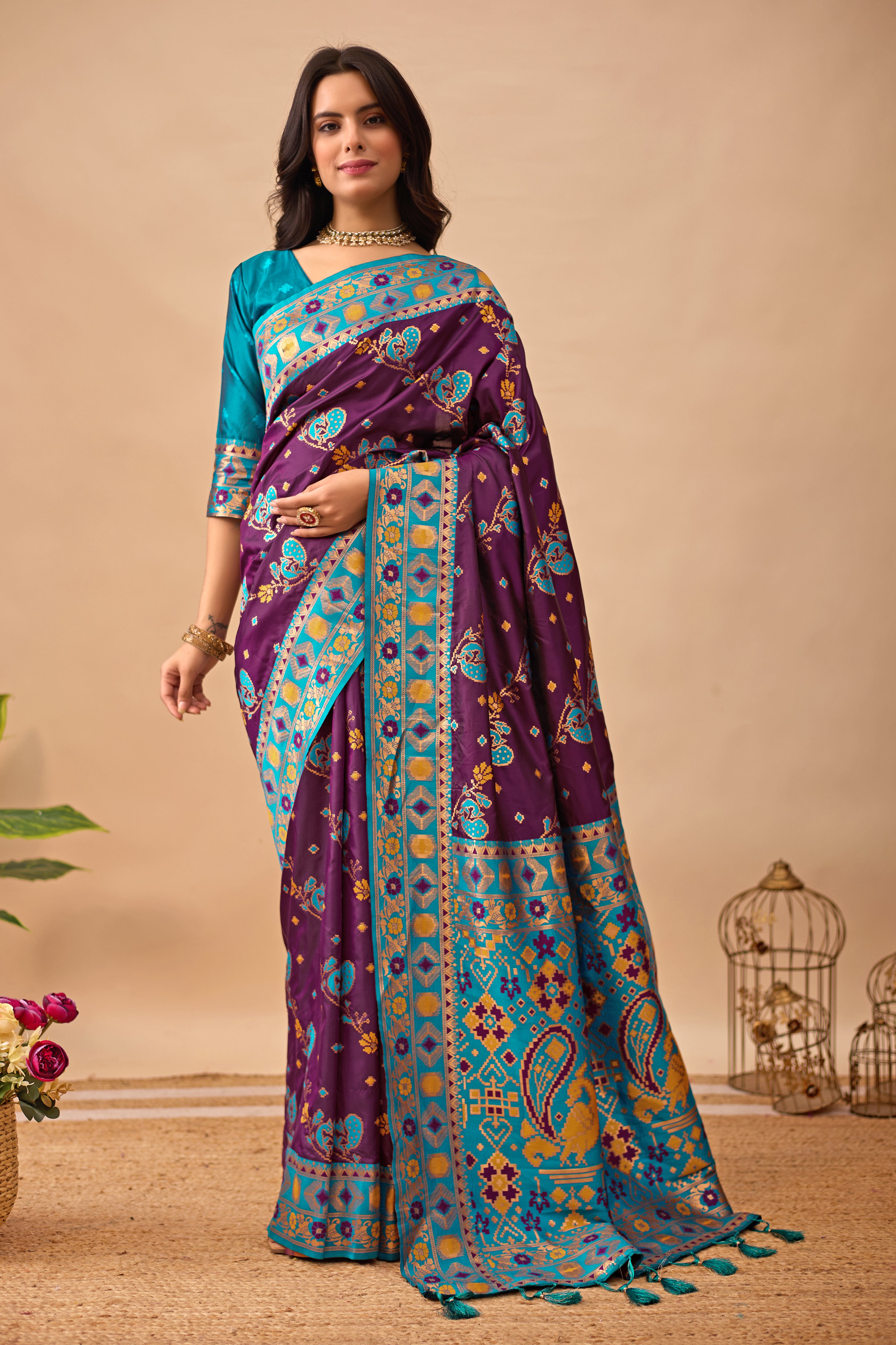Wine Banarasi Silk Saree with Peacock Motifs & Firozi Contrast Pallu
