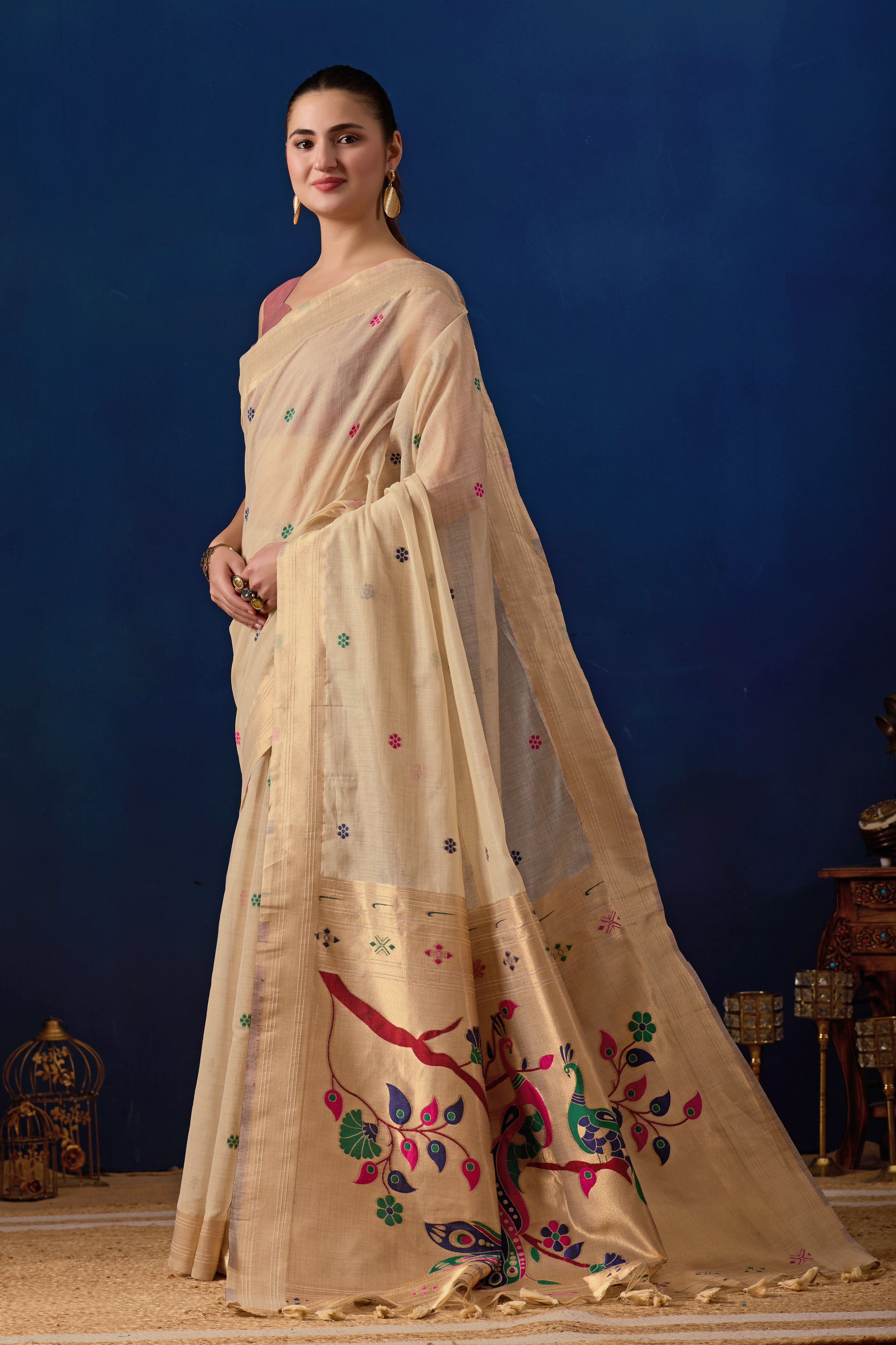 Royal Blossom Paithani Silk Saree in Cream with Light Pink Contrast