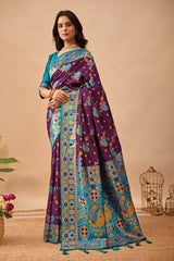 Wine Banarasi Silk Saree with Peacock Motifs & Firozi Contrast Pallu