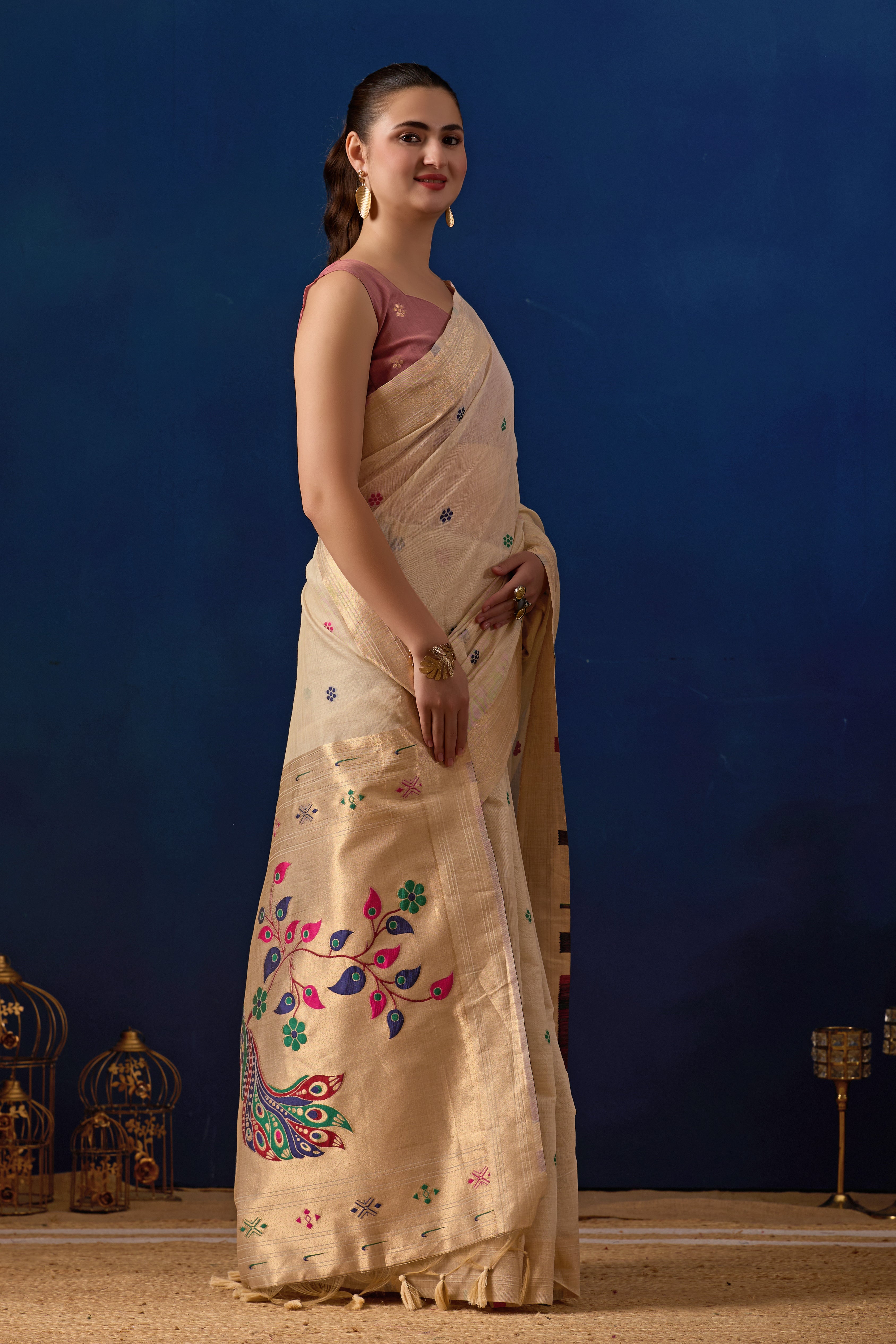 Royal Blossom Paithani Silk Saree in Cream with Light Pink Contrast
