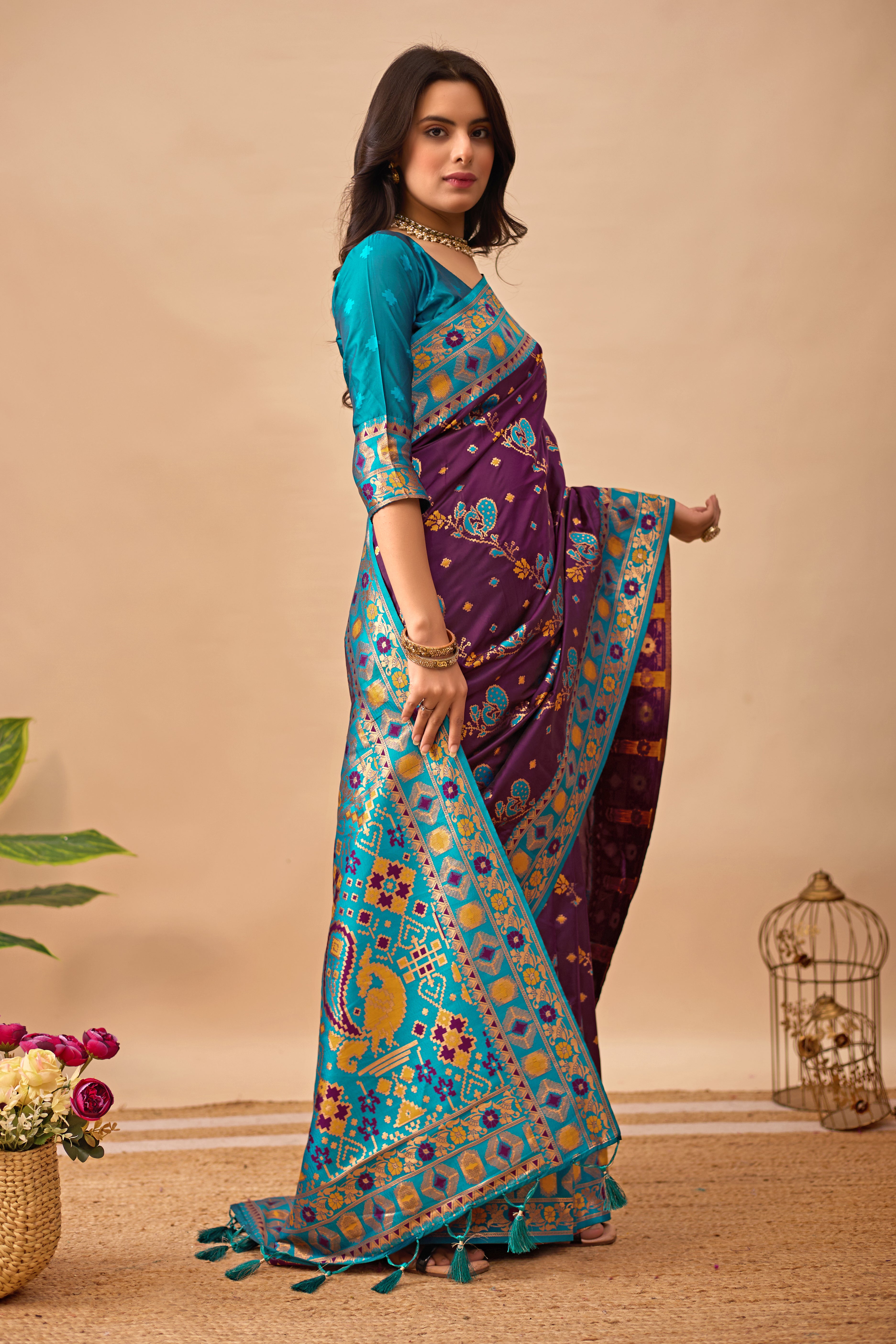 Wine Banarasi Silk Saree with Peacock Motifs & Firozi Contrast Pallu