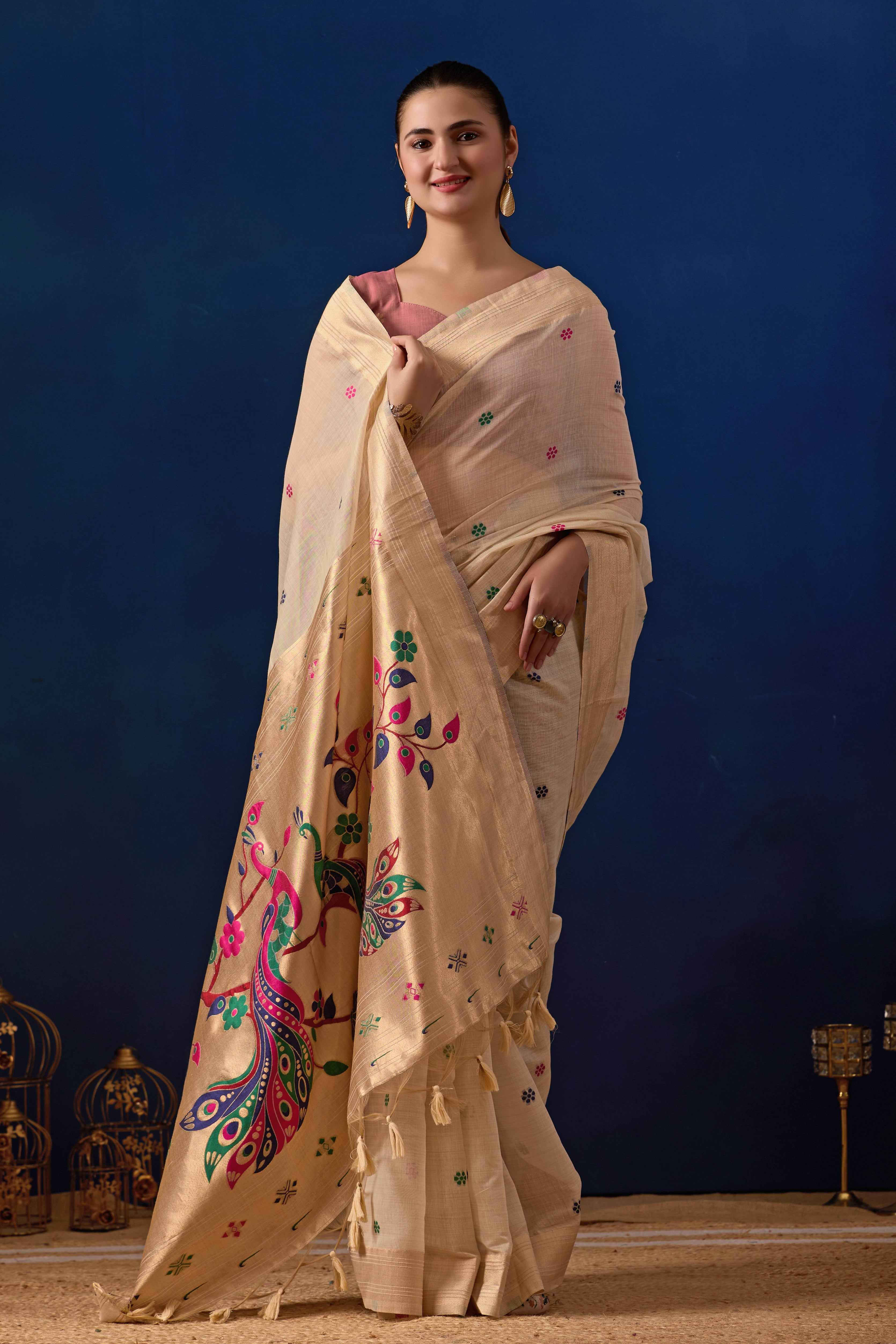 Royal Blossom Paithani Silk Saree in Cream with Light Pink Contrast