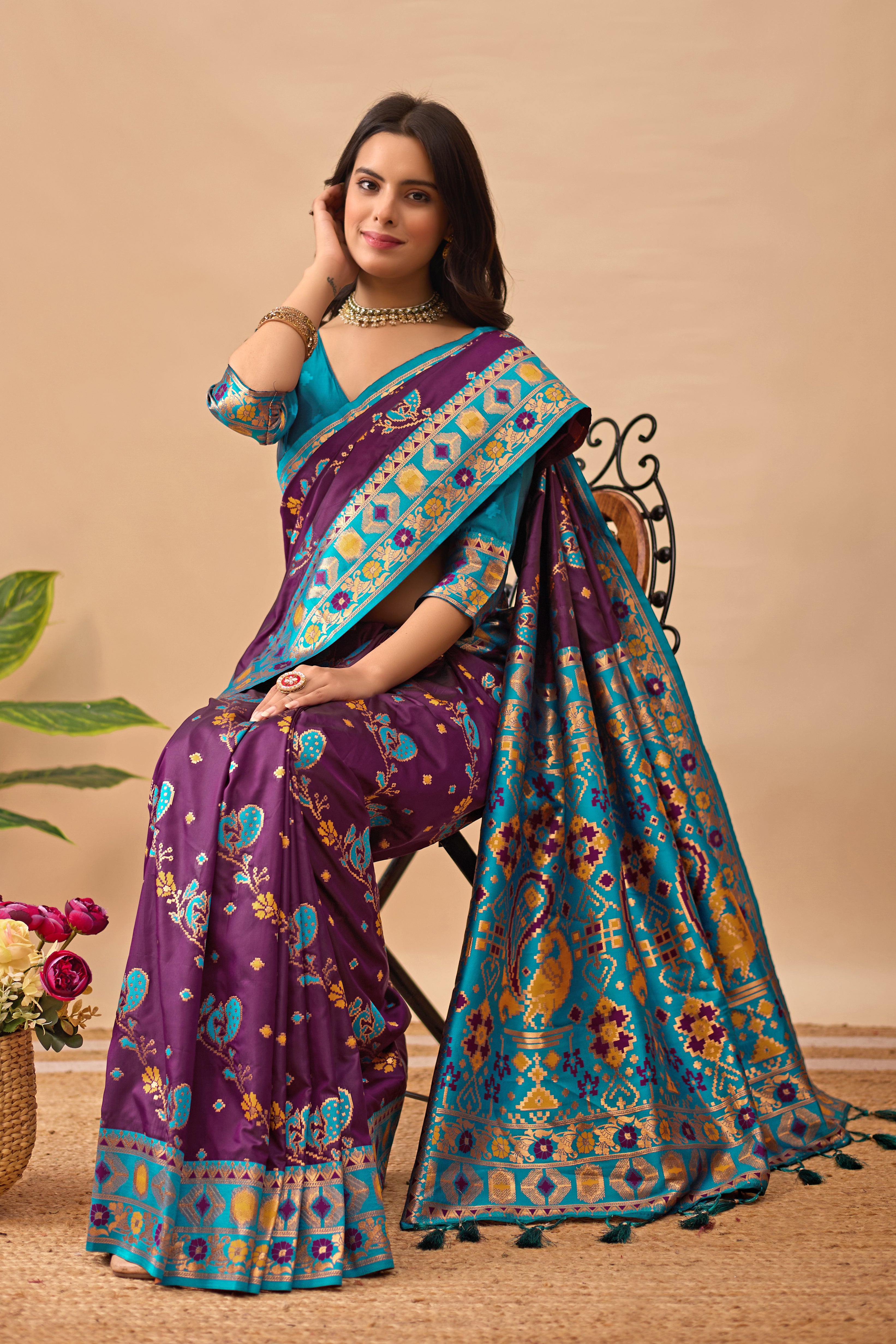 Wine Banarasi Silk Saree with Peacock Motifs & Firozi Contrast Pallu