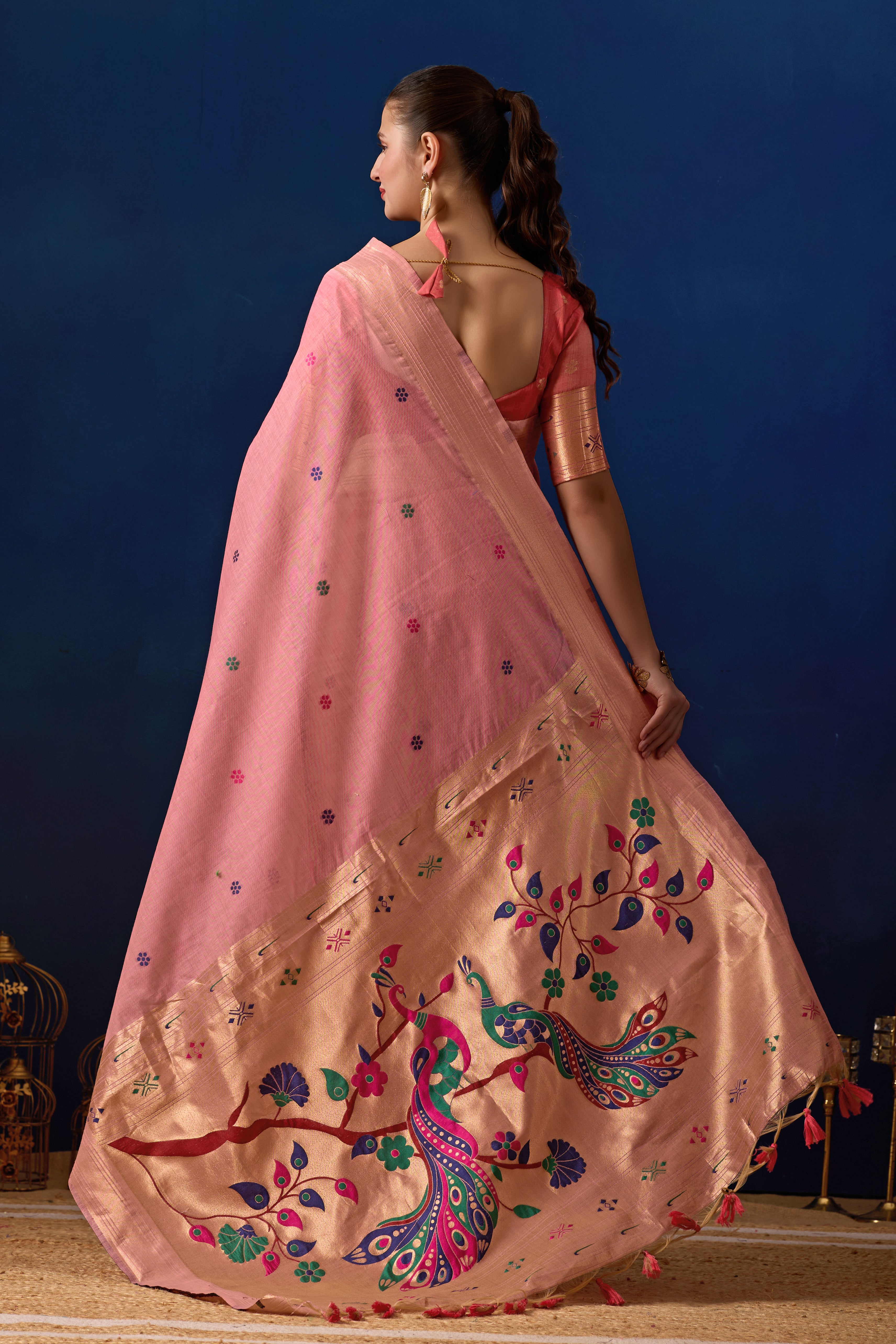 Royal Blossom Paithani Silk Saree in Pink with Dark Pink Contrast
