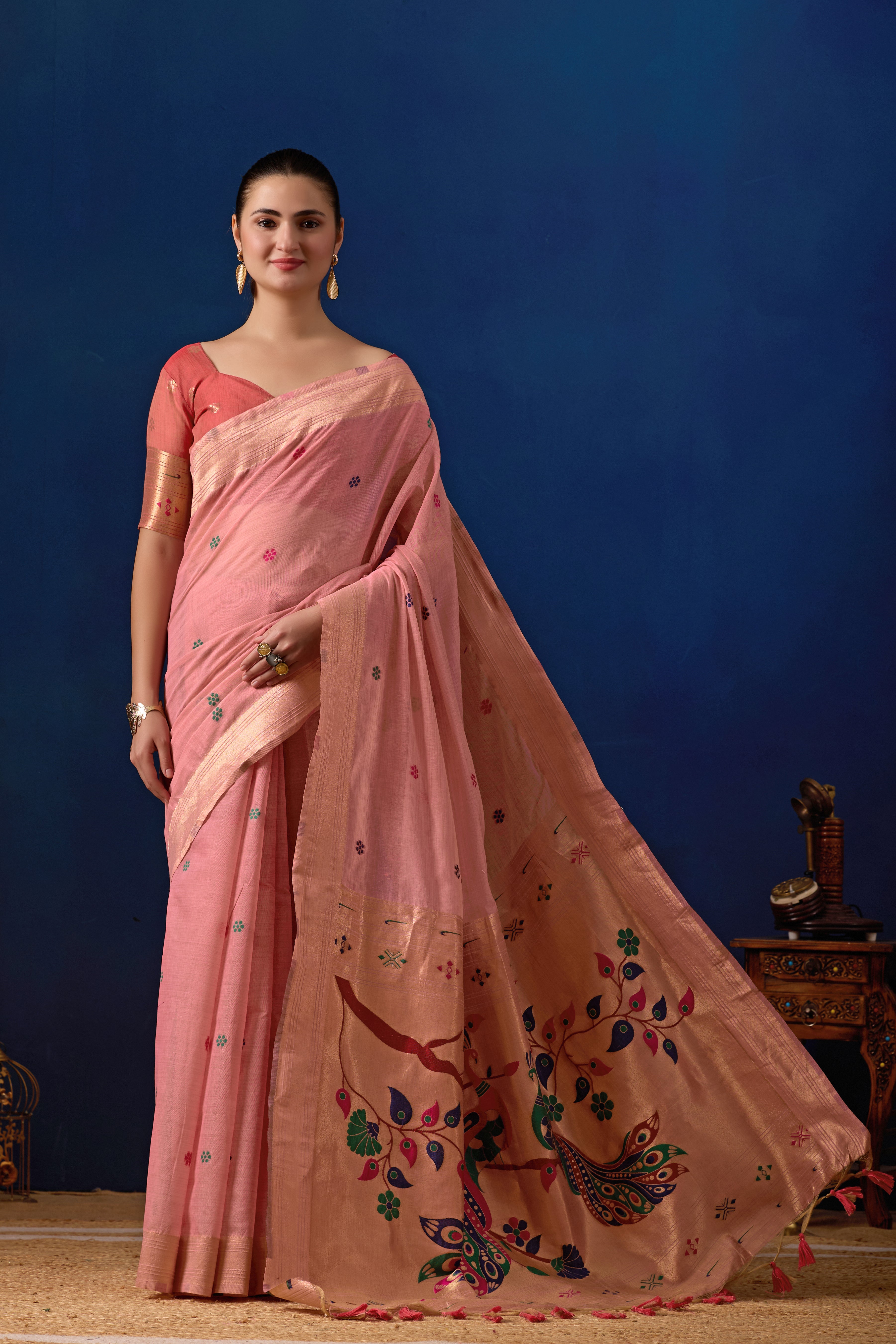 Royal Blossom Paithani Silk Saree in Pink with Dark Pink Contrast
