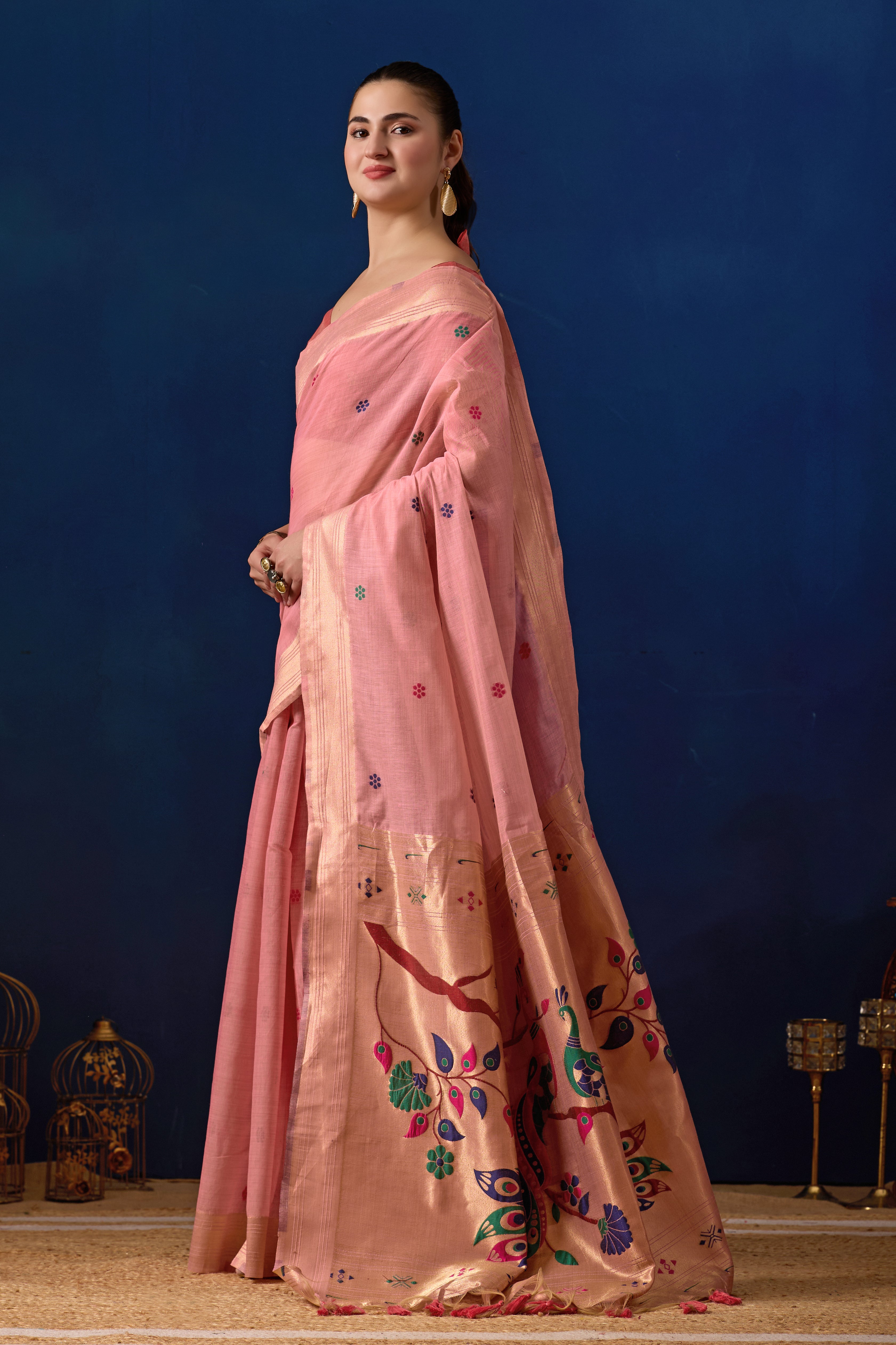 Royal Blossom Paithani Silk Saree in Pink with Dark Pink Contrast