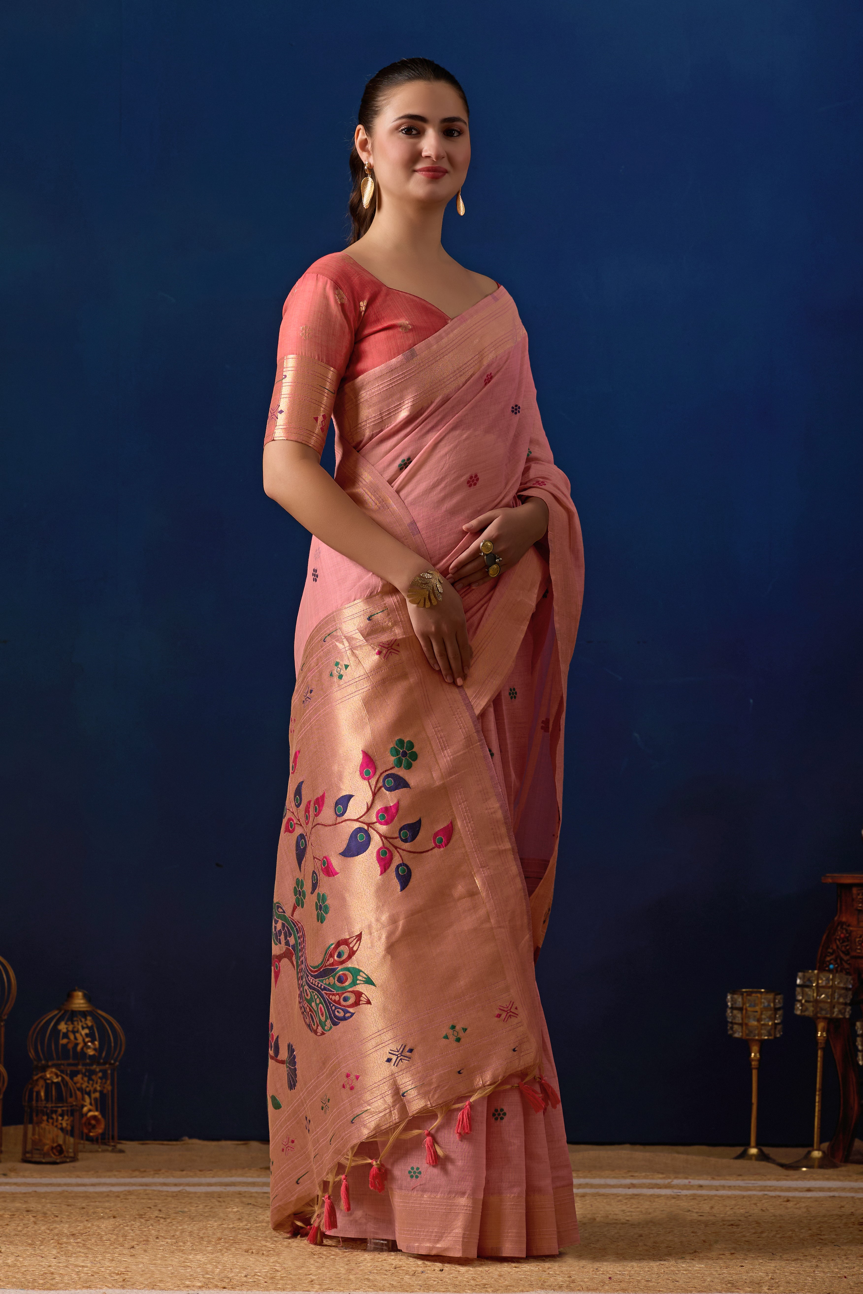 Royal Blossom Paithani Silk Saree in Pink with Dark Pink Contrast