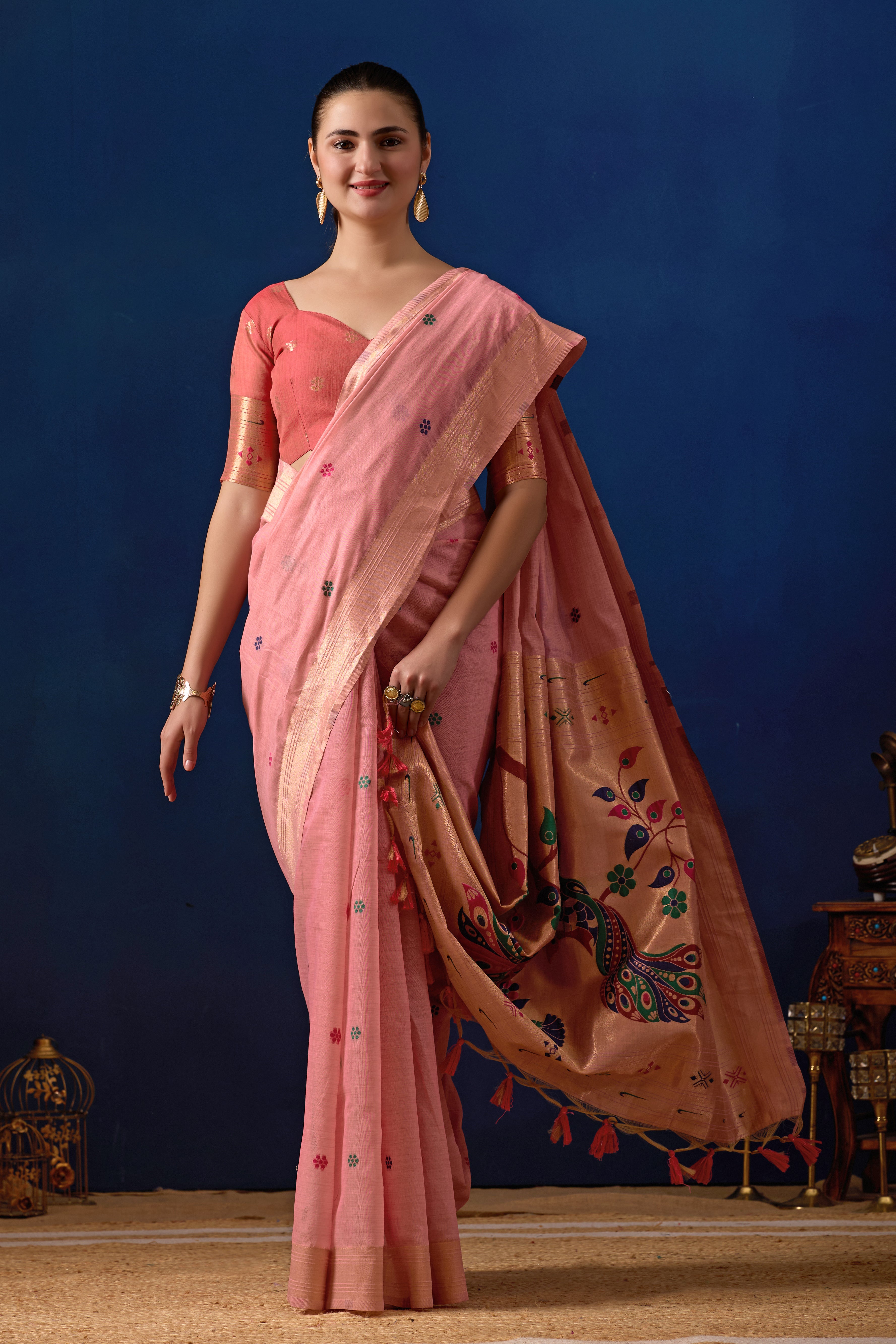Royal Blossom Paithani Silk Saree in Pink with Dark Pink Contrast
