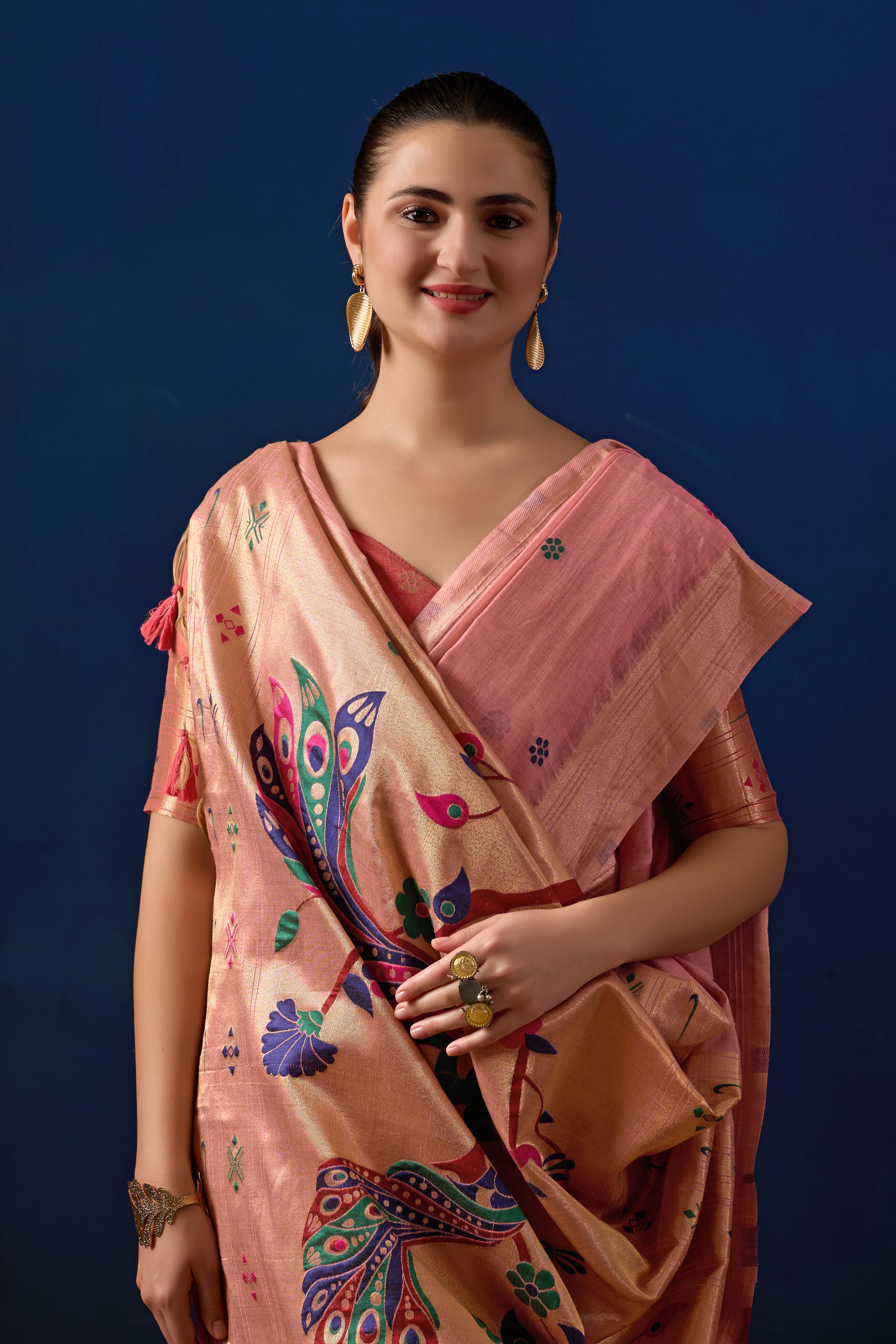 Royal Blossom Paithani Silk Saree in Pink with Dark Pink Contrast
