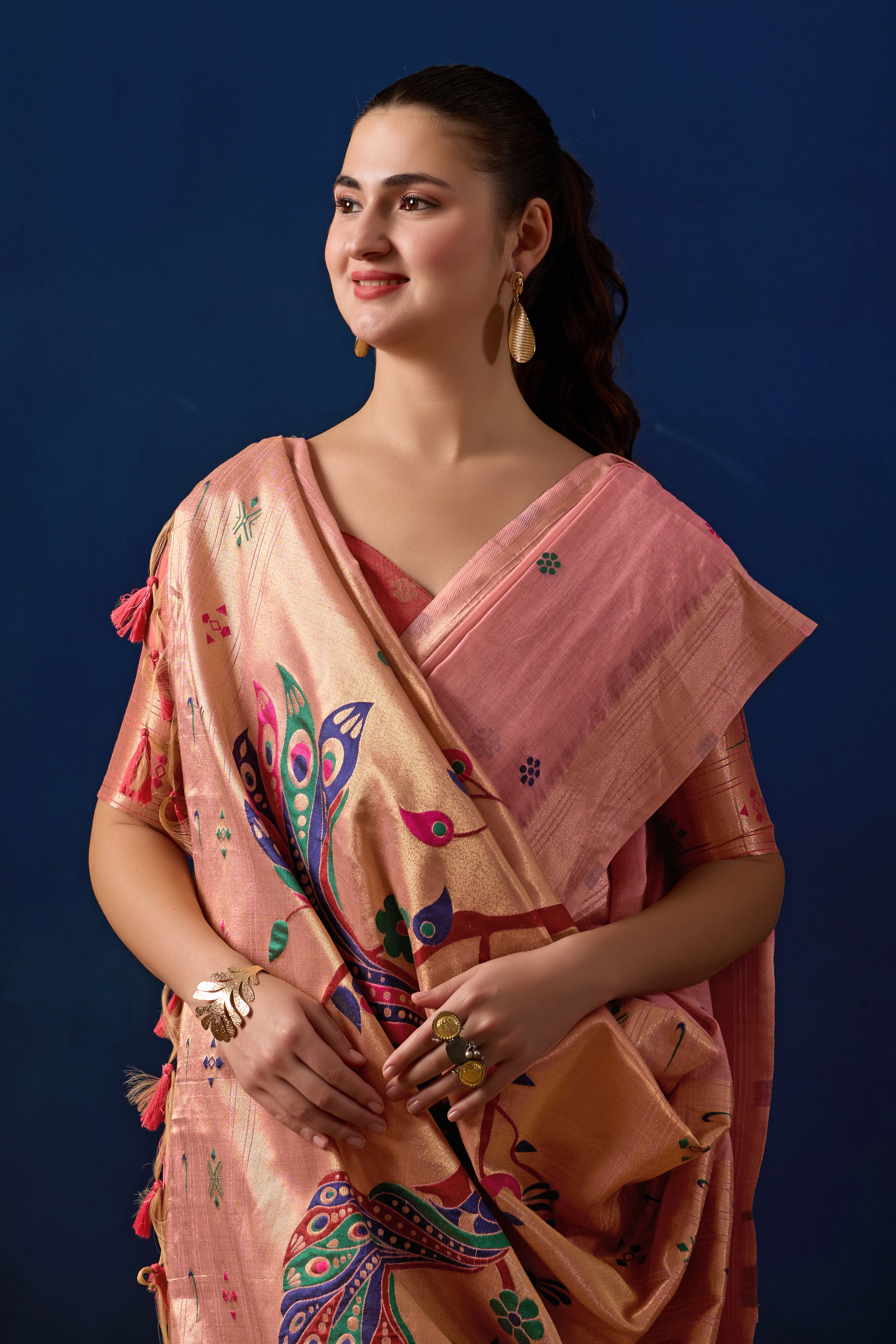 Royal Blossom Paithani Silk Saree in Pink with Dark Pink Contrast