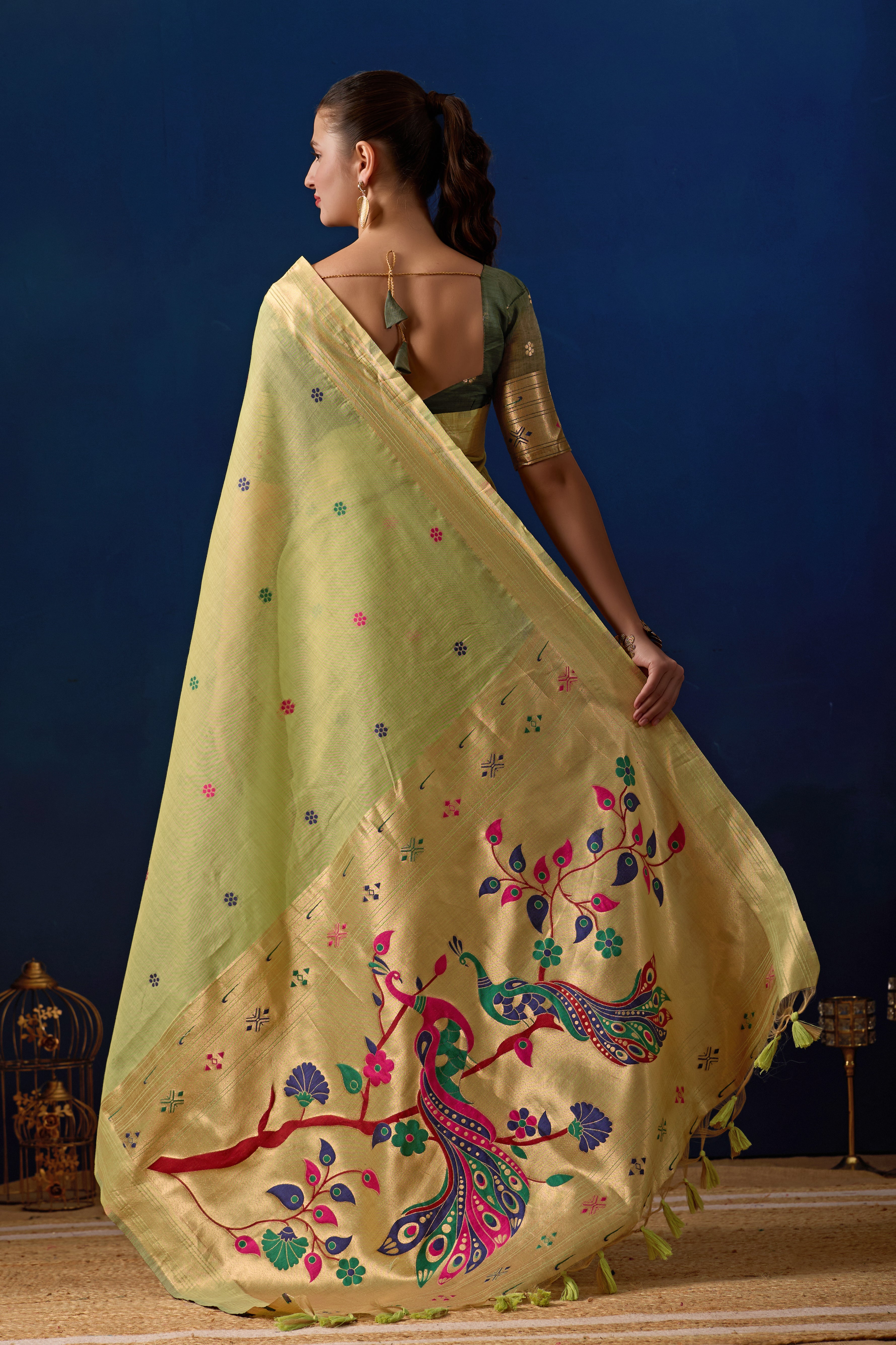 Royal Blossom Paithani Silk Saree in Green with Dark Green Contrast