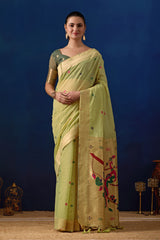 Royal Blossom Paithani Silk Saree in Green with Dark Green Contrast