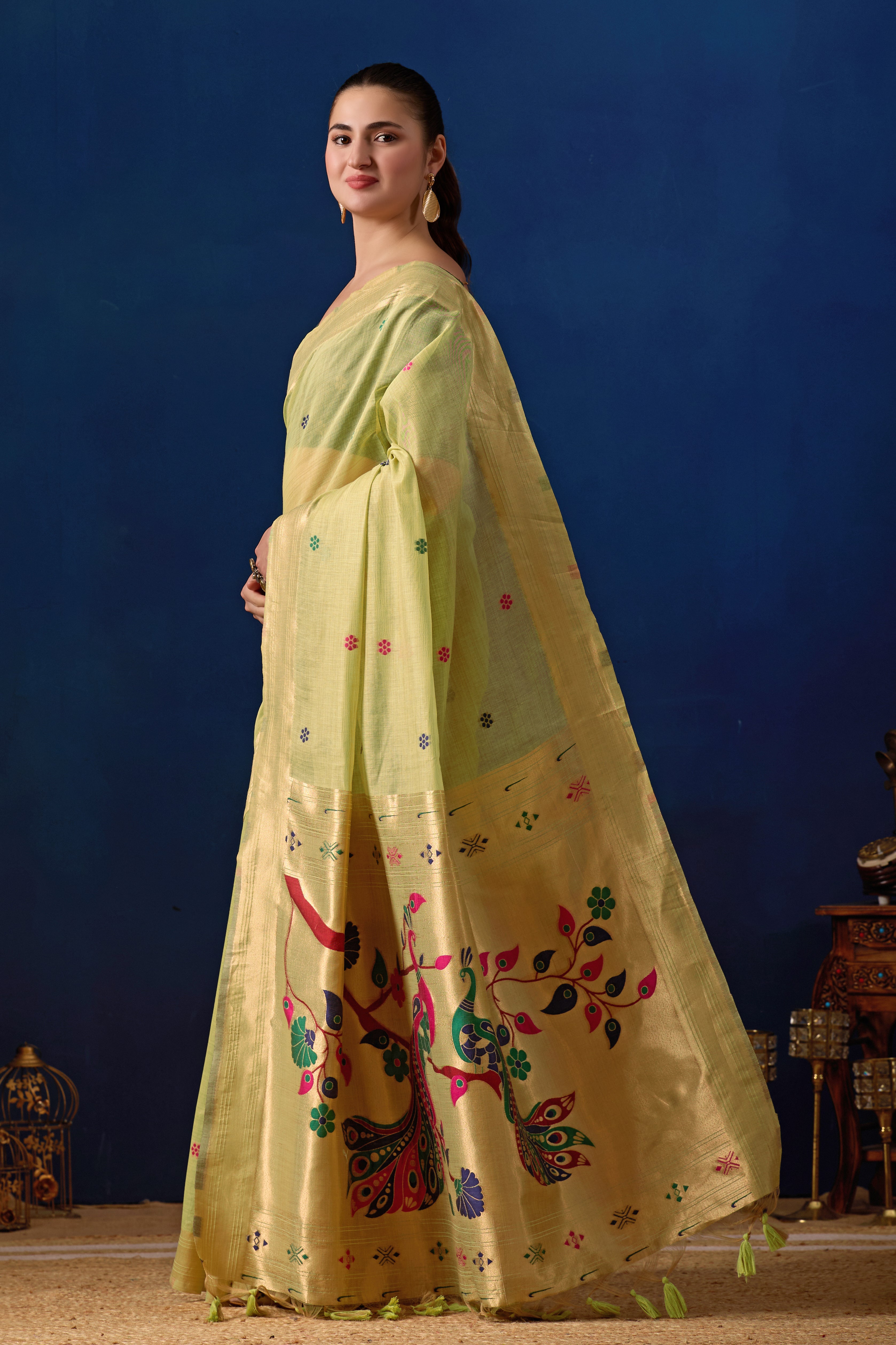 Royal Blossom Paithani Silk Saree in Green with Dark Green Contrast