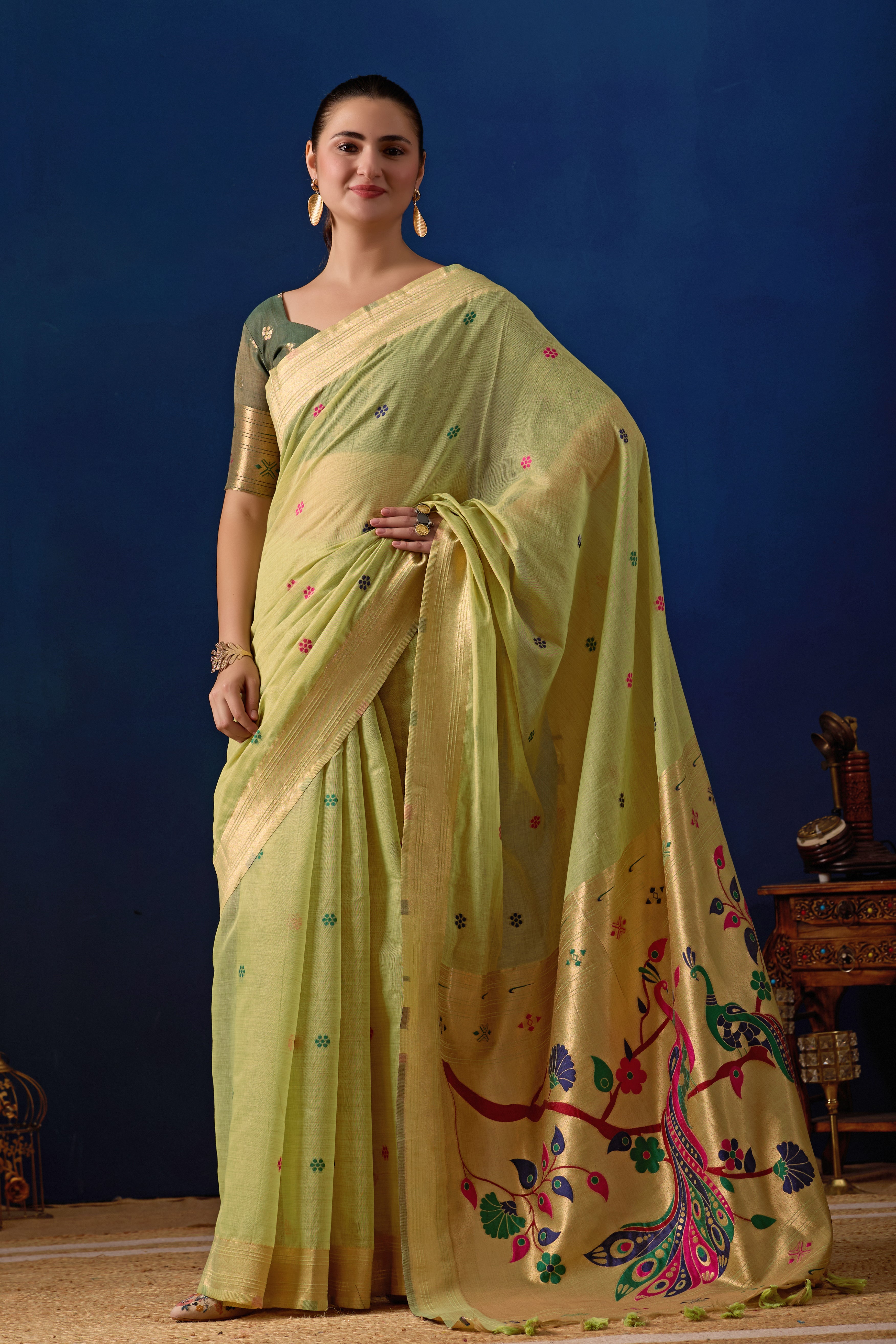 Royal Blossom Paithani Silk Saree in Green with Dark Green Contrast