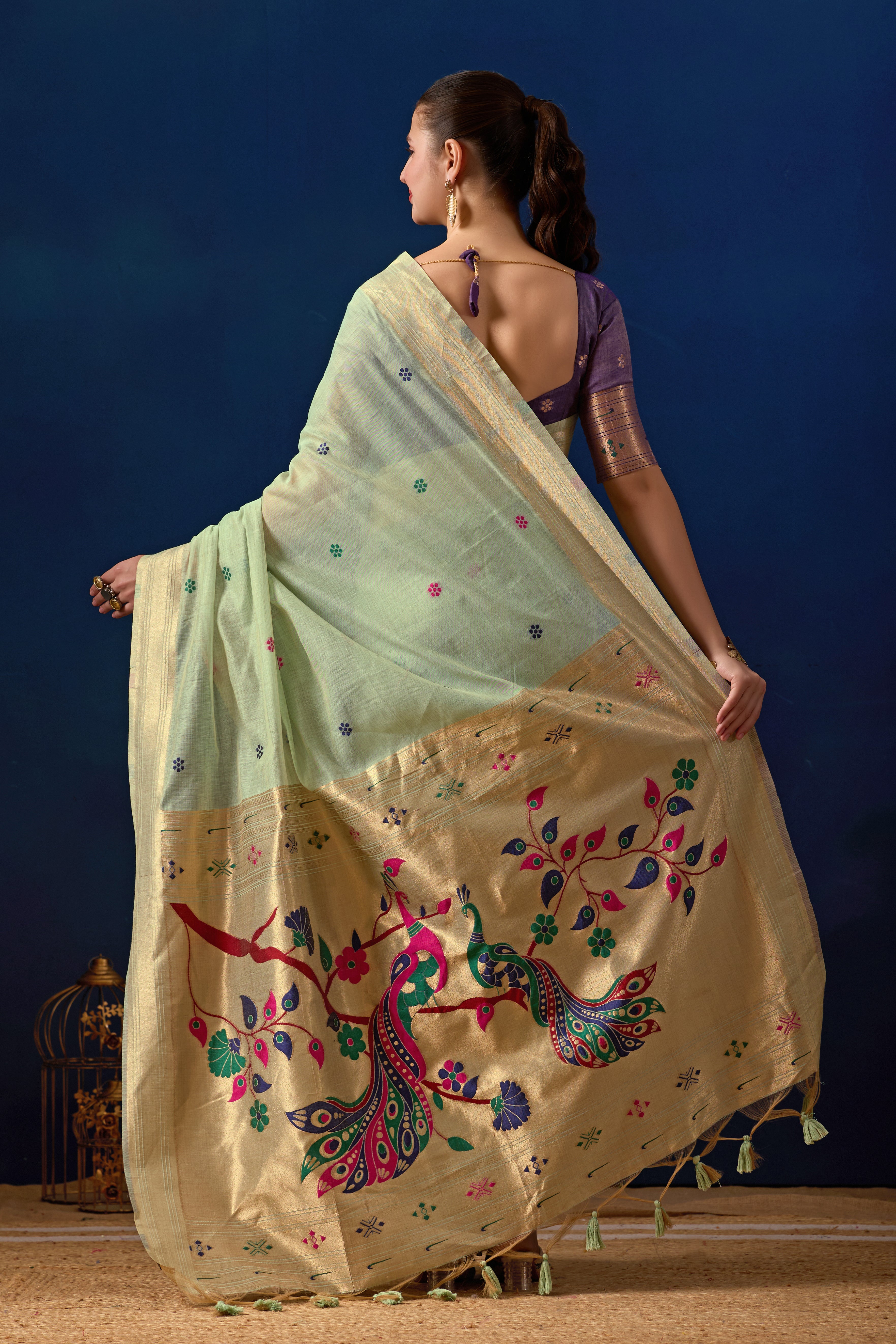 Royal Blossom Paithani Silk Saree in Pista with Majanta Contrast