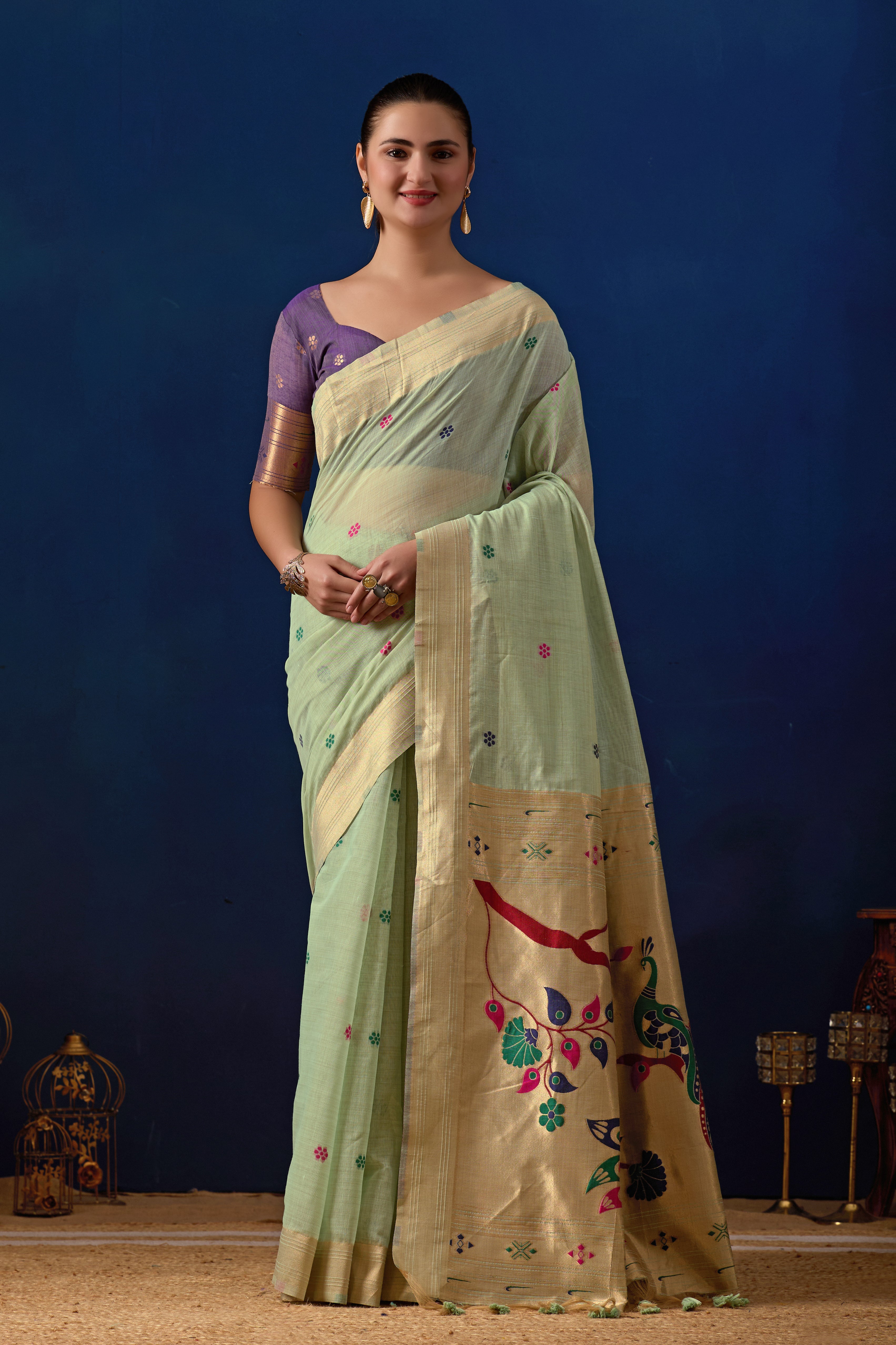 Royal Blossom Paithani Silk Saree in Pista with Majanta Contrast