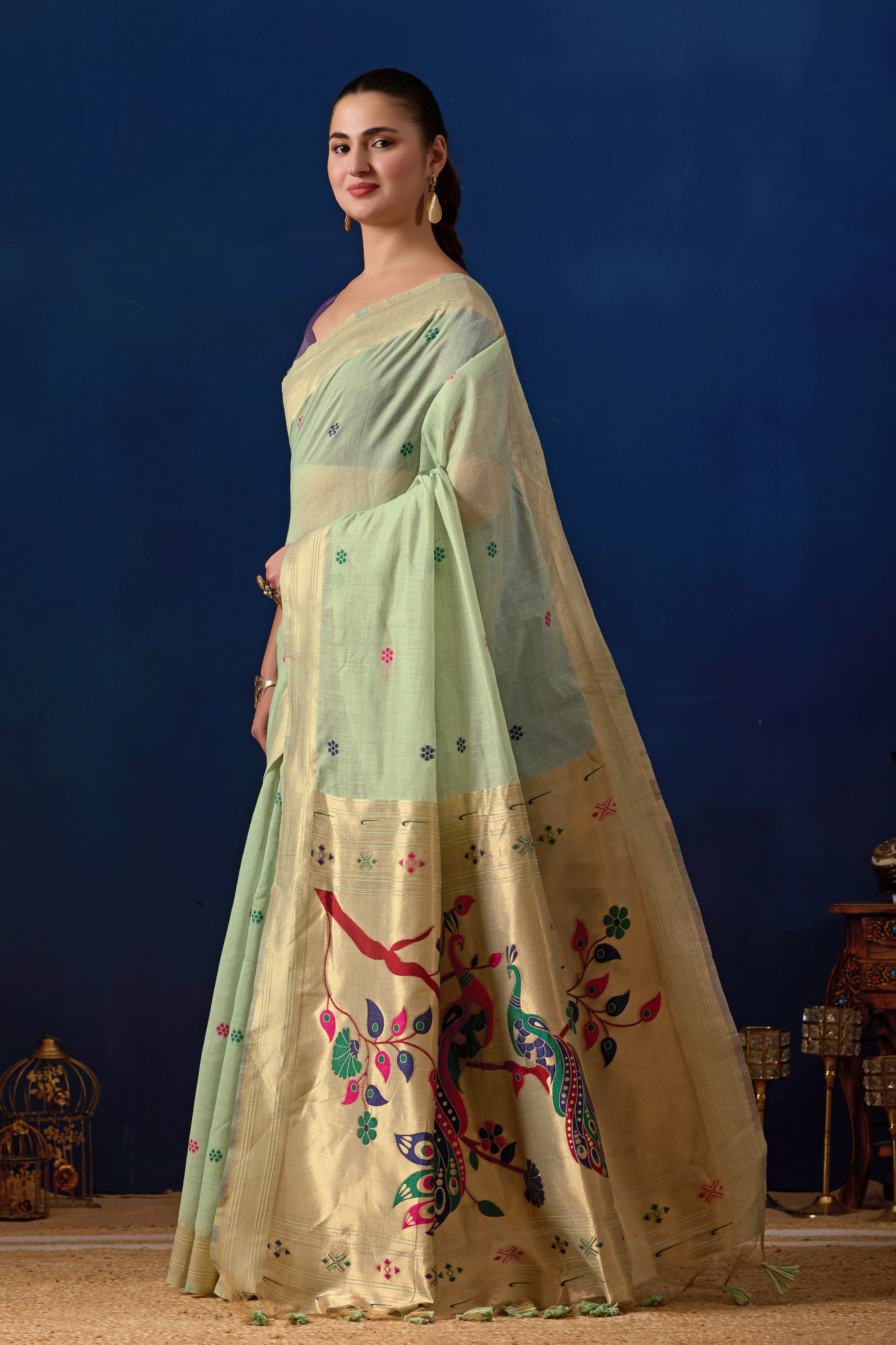 Royal Blossom Paithani Silk Saree in Pista with Majanta Contrast