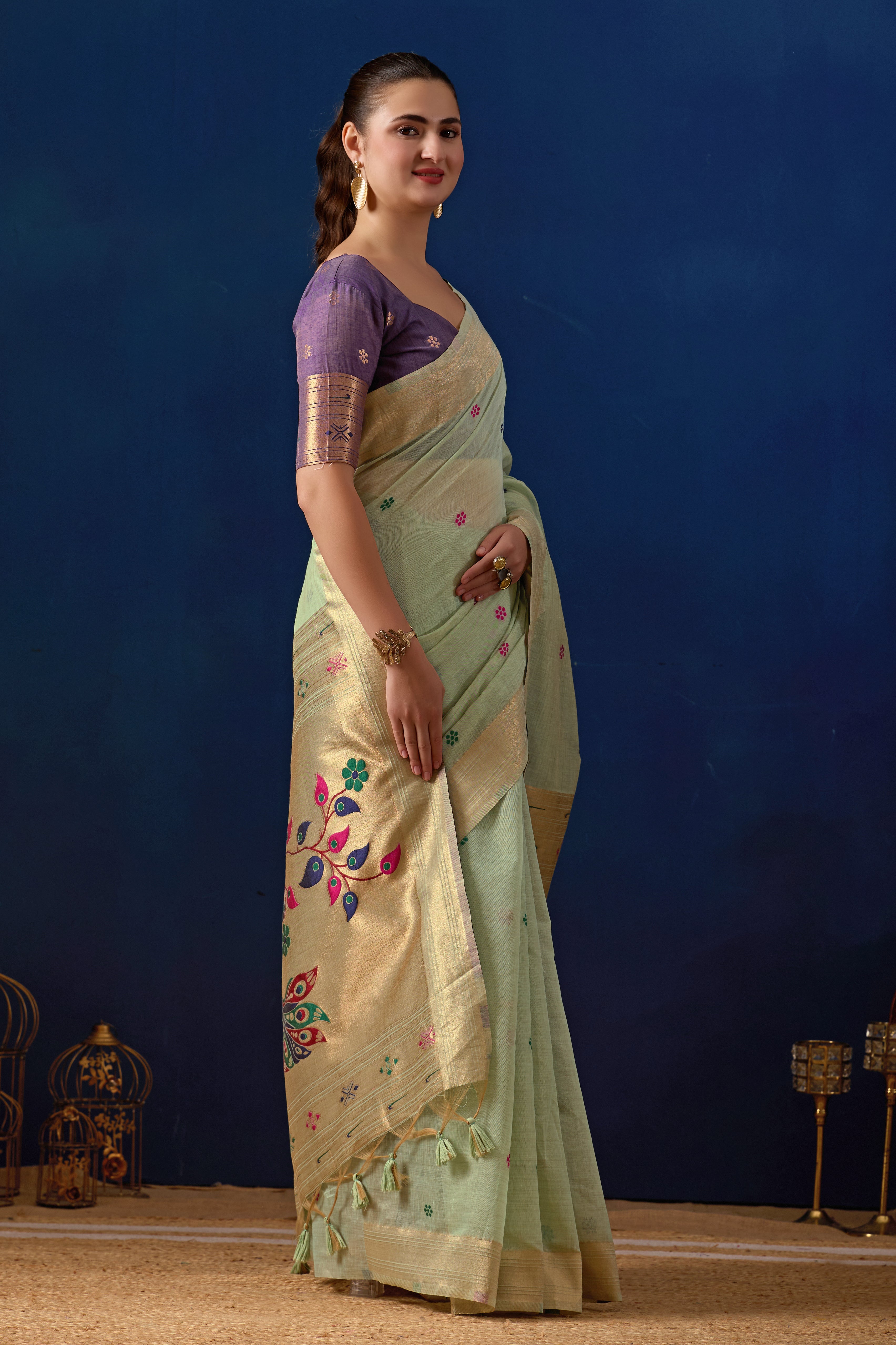 Royal Blossom Paithani Silk Saree in Pista with Majanta Contrast