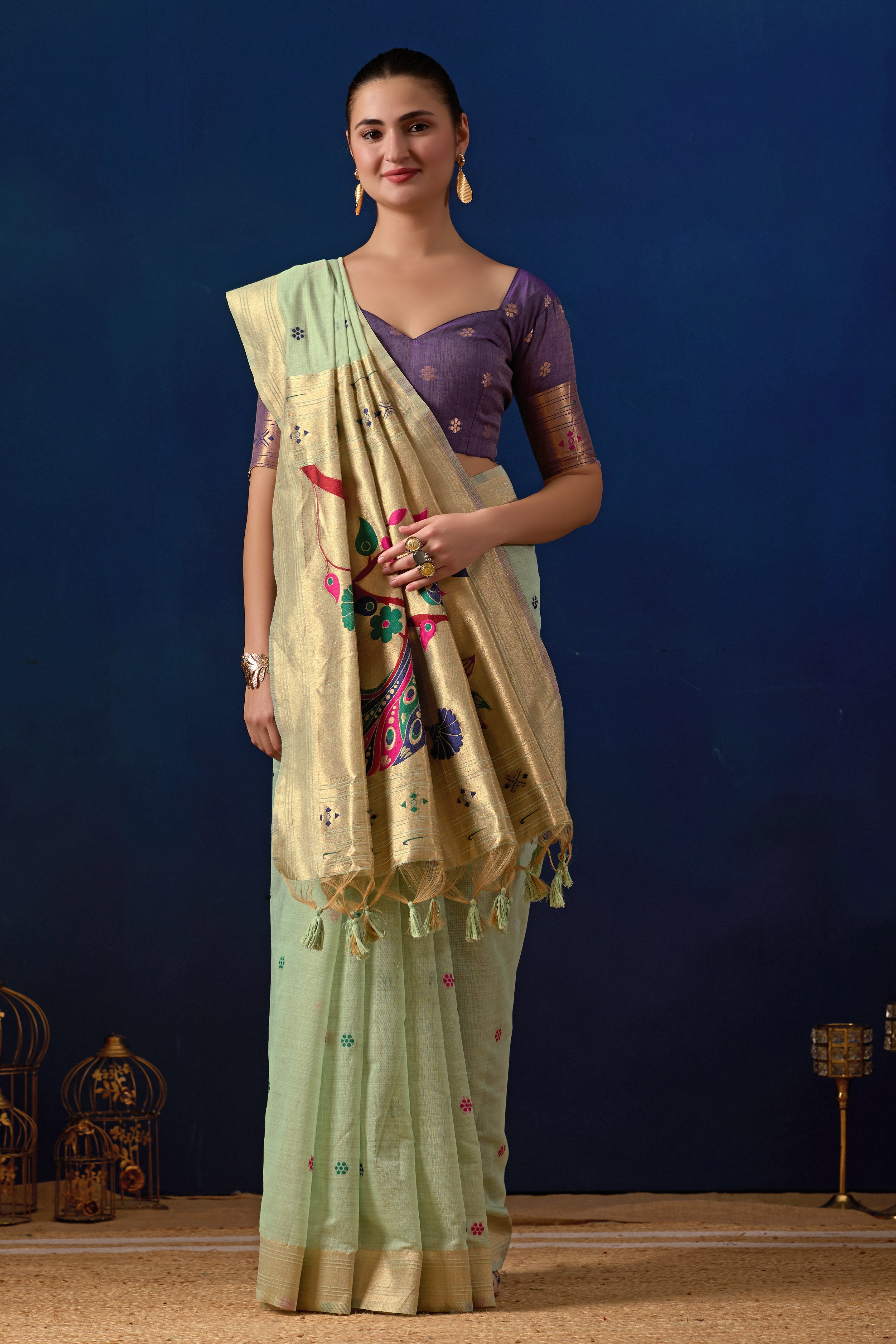 Royal Blossom Paithani Silk Saree in Pista with Majanta Contrast