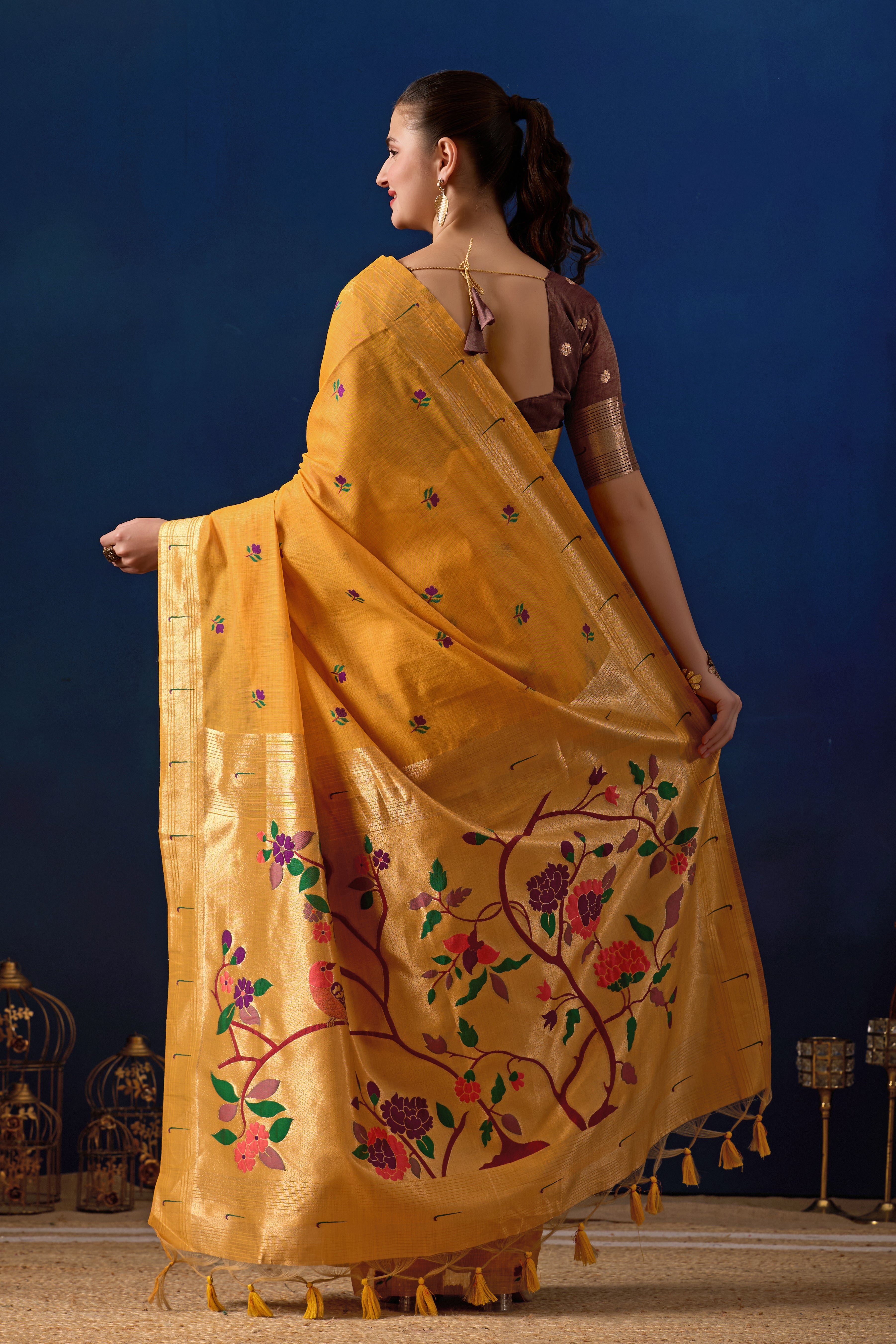 Classic Tree Pallu Paithani Silk Saree in Yellow with Maroon Contrast