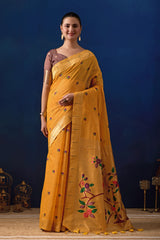 Classic Tree Pallu Paithani Silk Saree in Yellow with Maroon Contrast