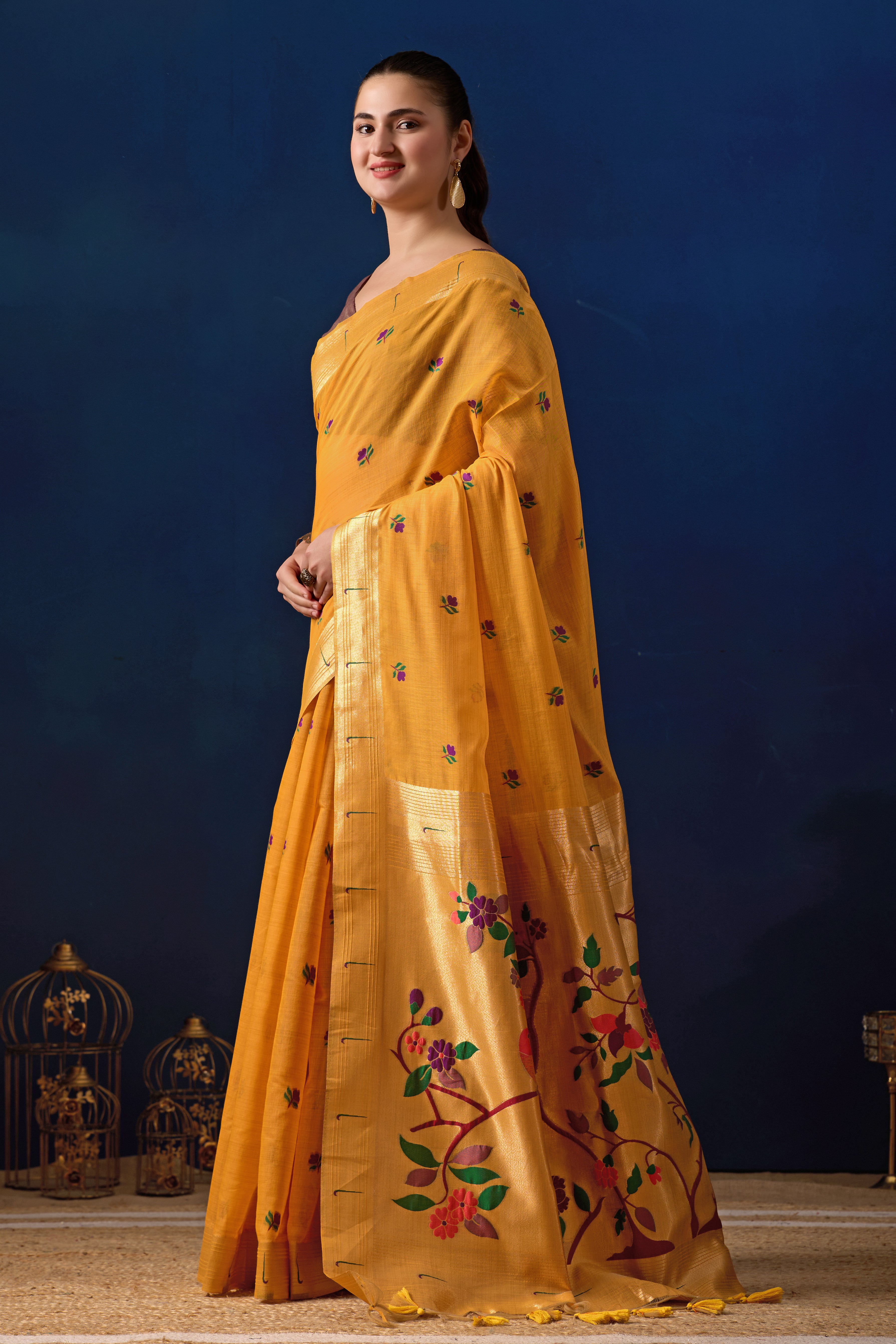 Classic Tree Pallu Paithani Silk Saree in Yellow with Maroon Contrast